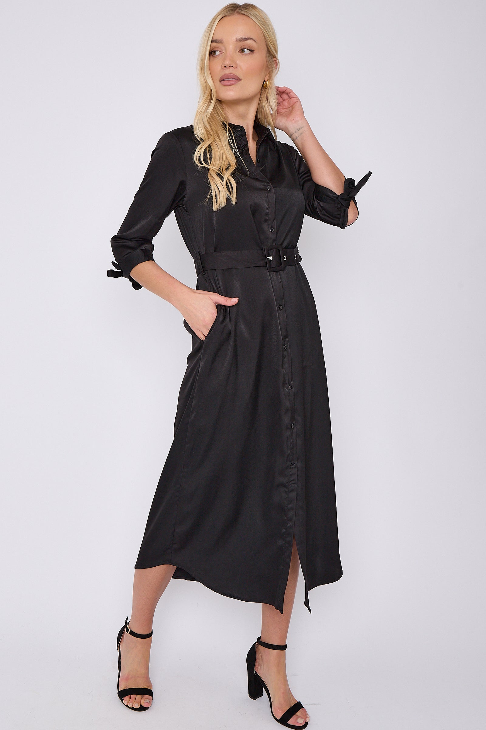 Black Half Sleeve Belted Maxi Shirt Dress LS-2417-GD081-172