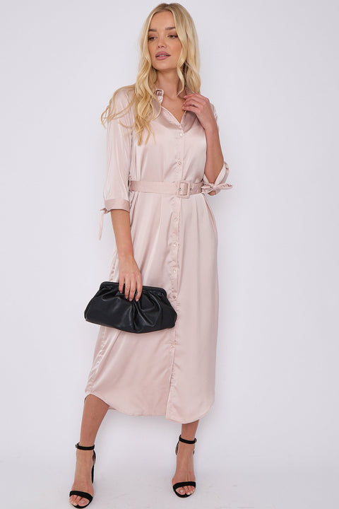 Champagne Half Sleeve Belted Maxi Shirt Dress by LOVE SUNSHINE