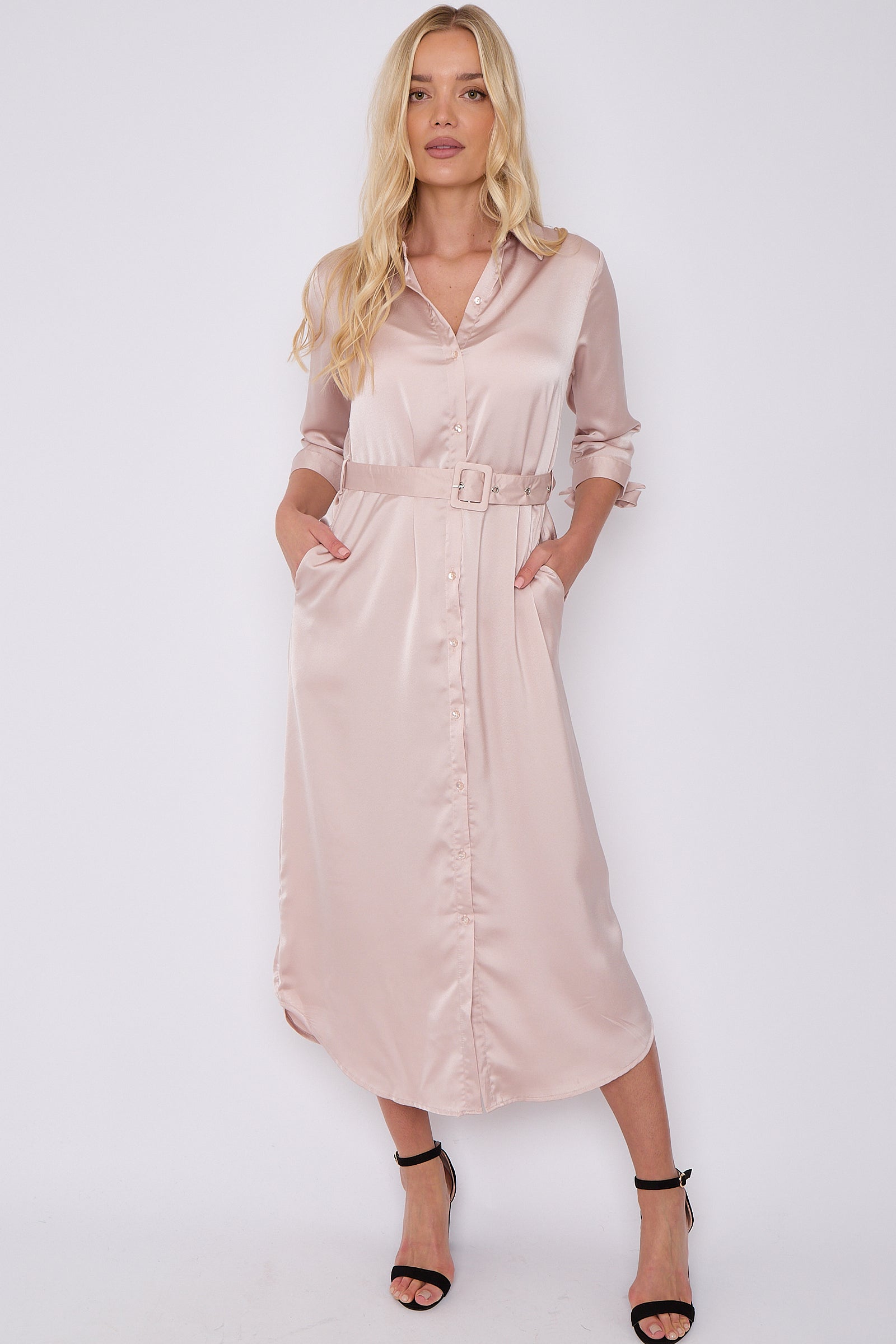 Champagne Half Sleeve Belted Maxi Shirt Dress LS-2417-GD081-124