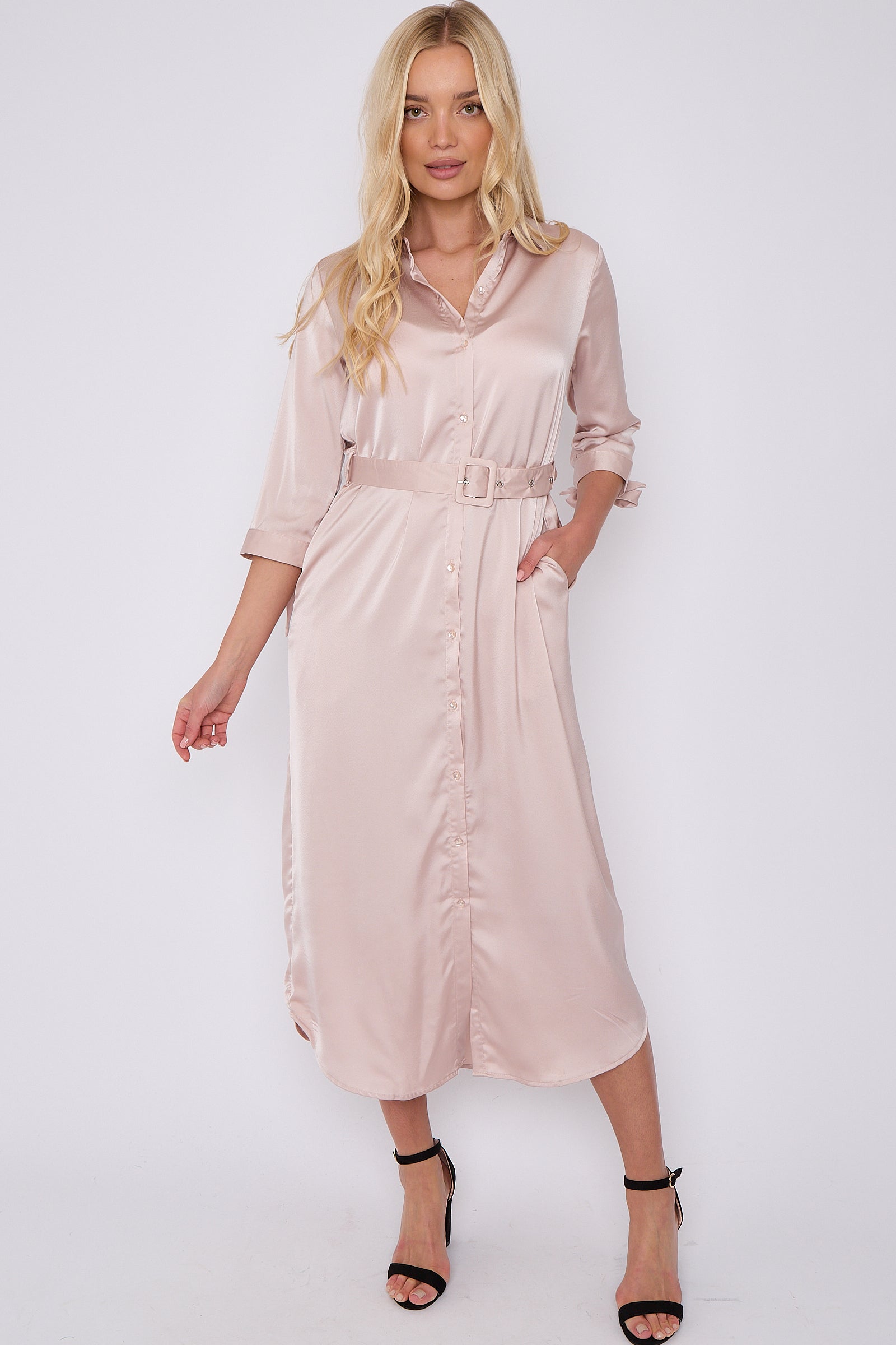 Champagne Half Sleeve Belted Maxi Shirt Dress LS-2417-GD081-124