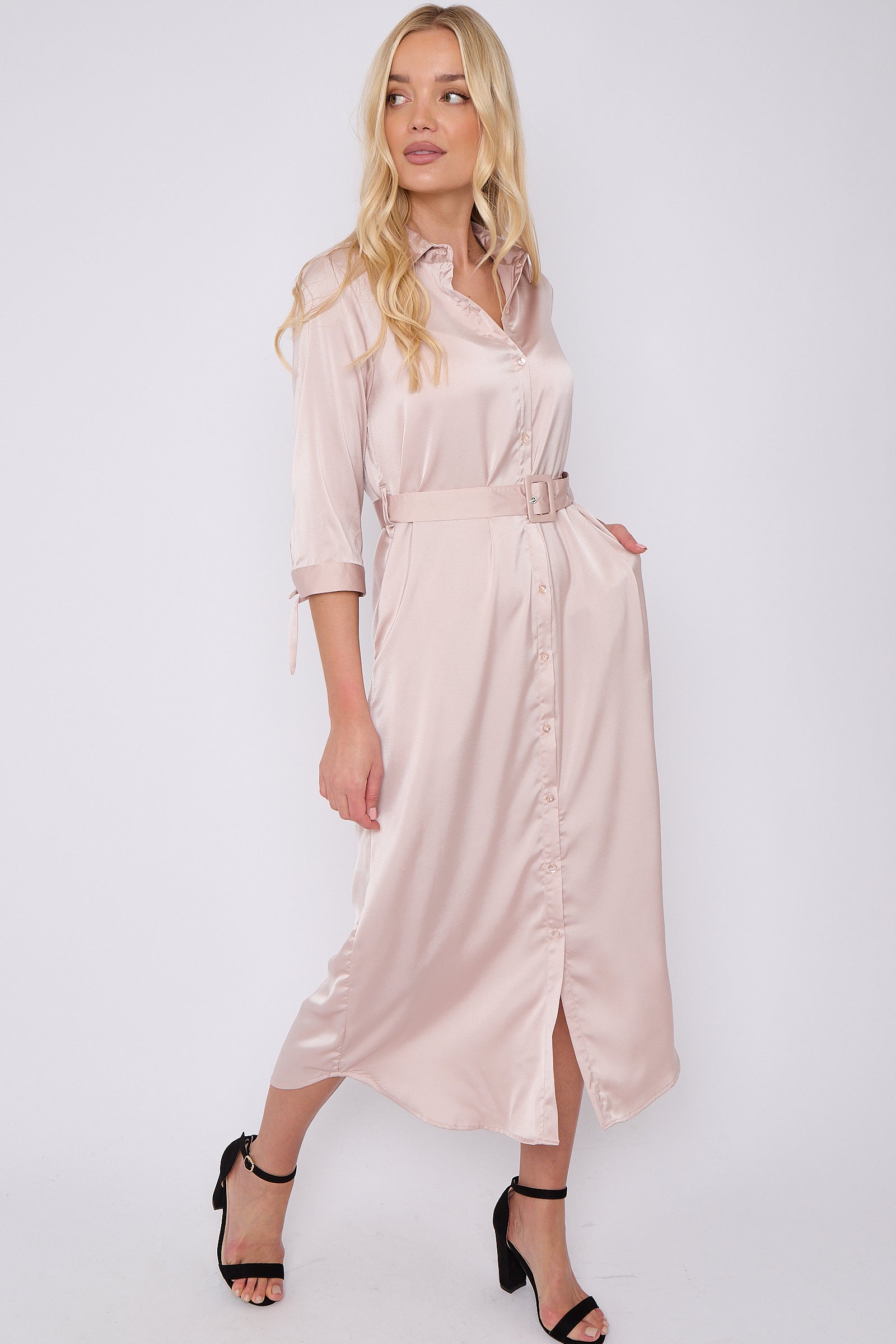 Champagne Half Sleeve Belted Maxi Shirt Dress LS-2417-GD081-124