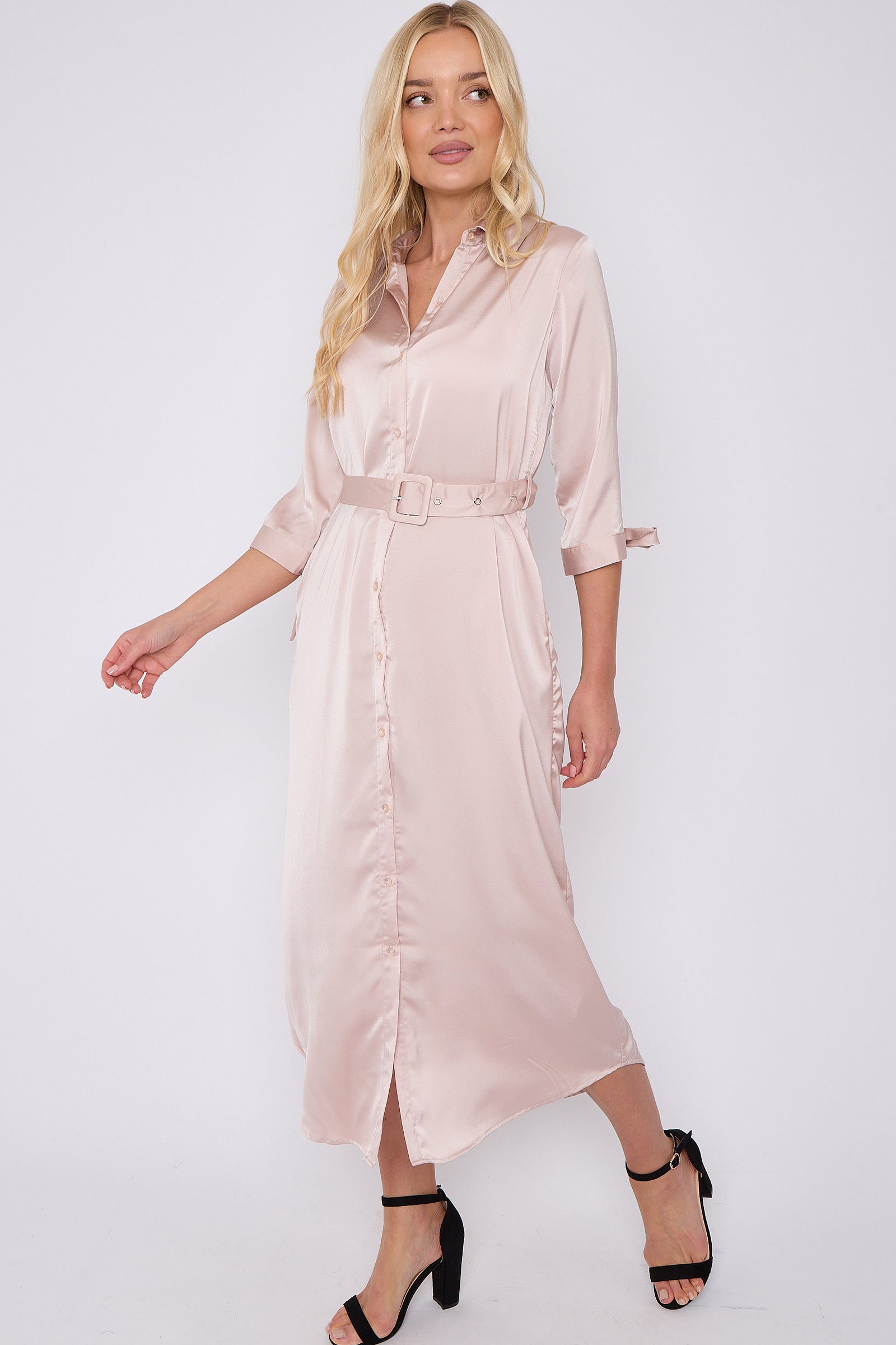 Champagne Half Sleeve Belted Maxi Shirt Dress LS-2417-GD081-124