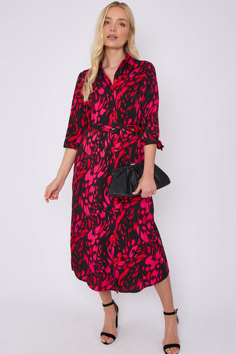 Fuchsia Leopard Print Half Sleeve Belted Maxi Shirt Dress by LOVE SUNSHINE