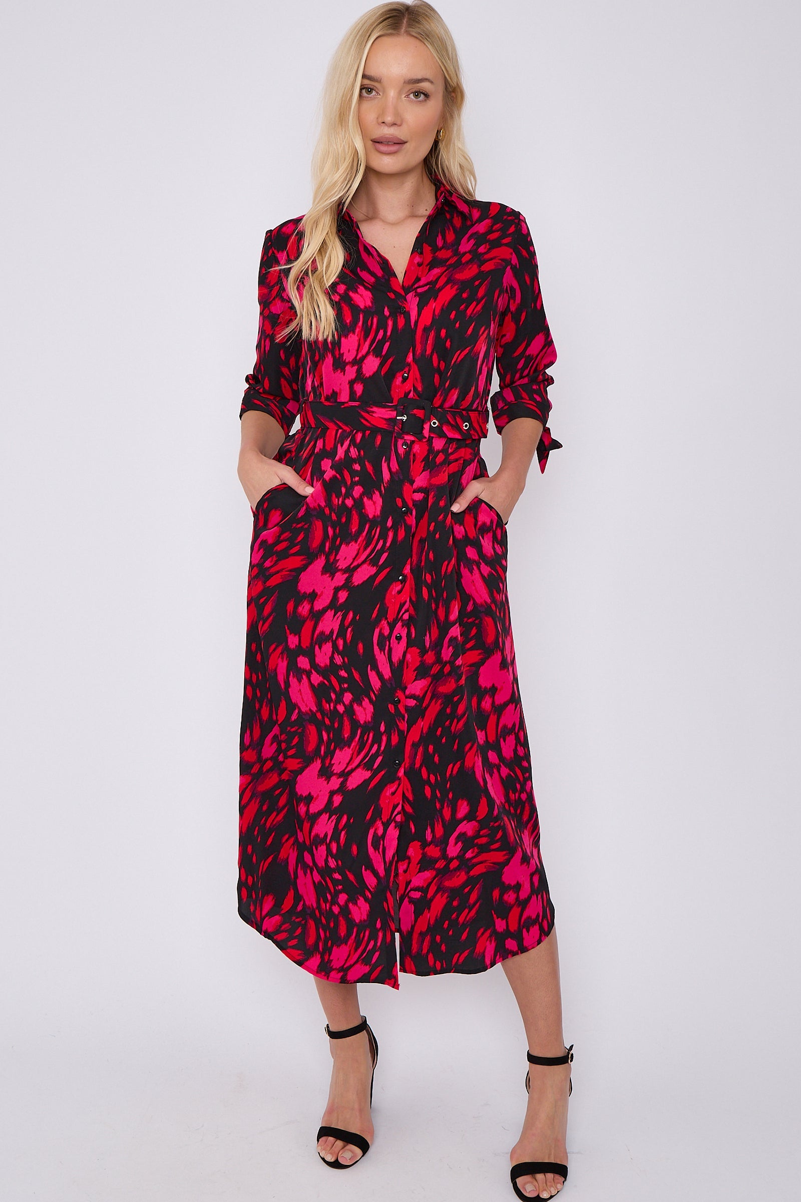 Fuchsia Leopard Print Half Sleeve Belted Maxi Shirt Dress LS-2417-CN2