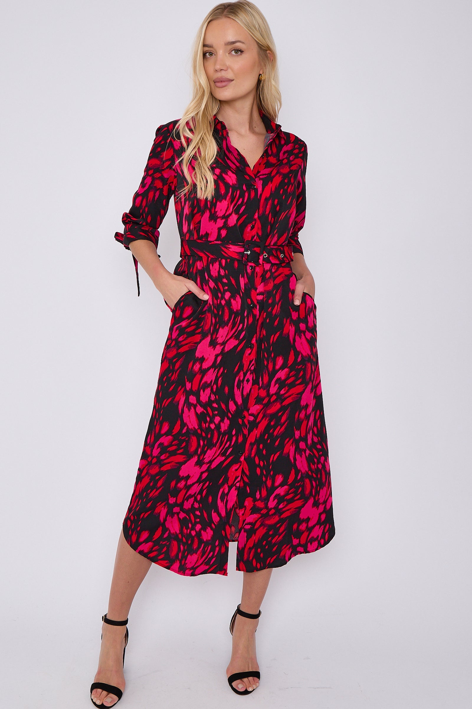 Fuchsia Leopard Print Half Sleeve Belted Maxi Shirt Dress LS-2417-CN2