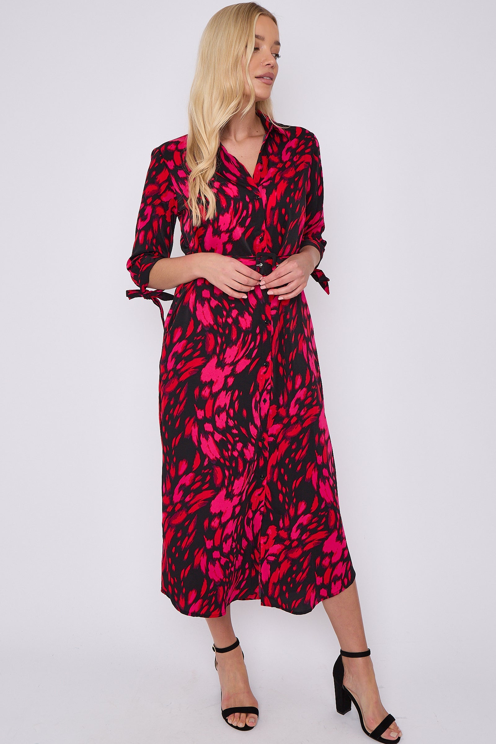 Fuchsia Leopard Print Half Sleeve Belted Maxi Shirt Dress LS-2417-CN2