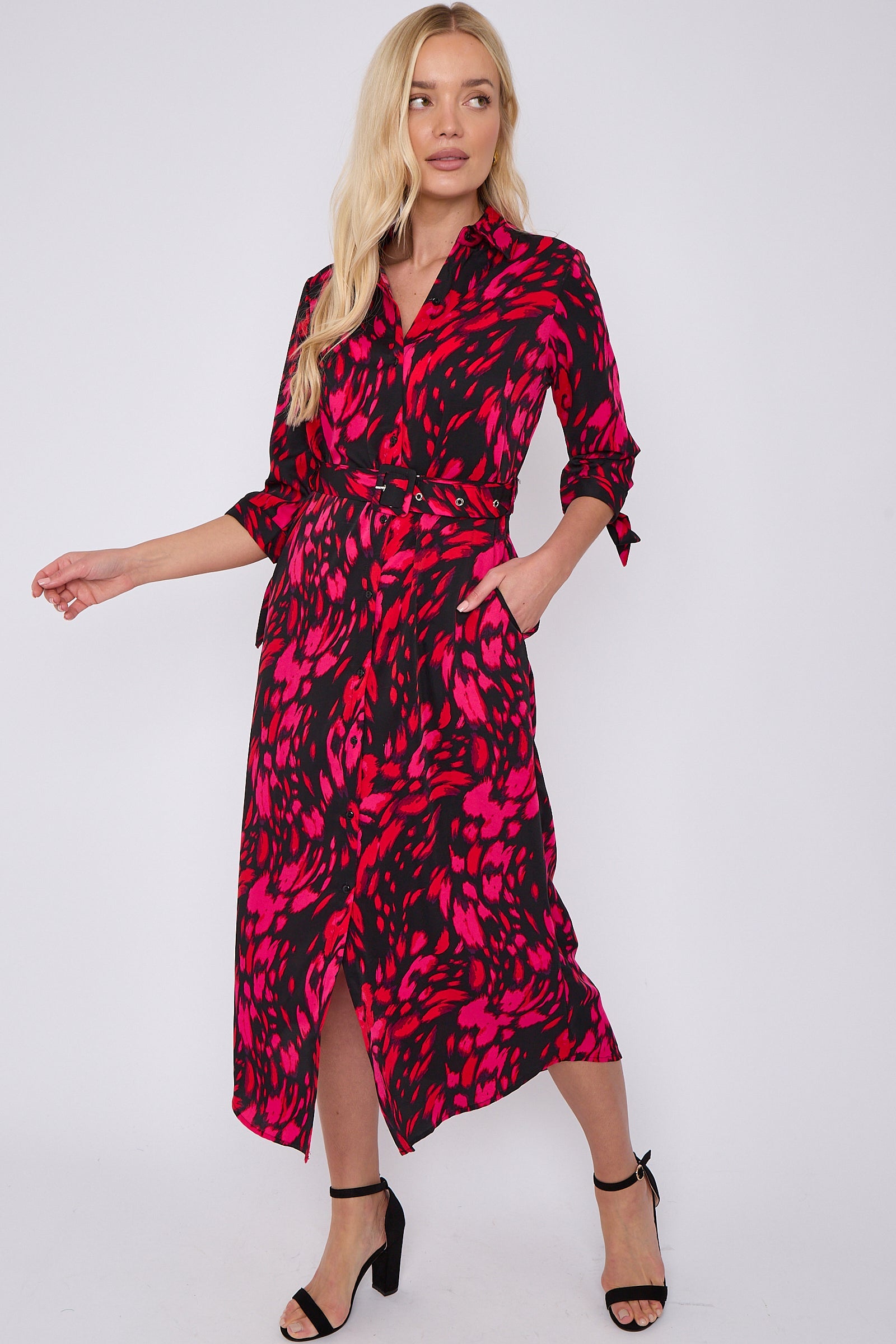 Fuchsia Leopard Print Half Sleeve Belted Maxi Shirt Dress LS-2417-CN2