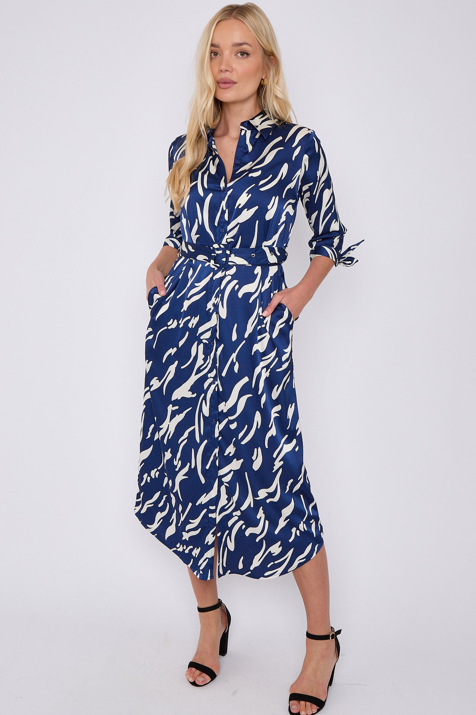 Blue Print Half Sleeve Belted Satin Maxi Shirt Dress LS-2417-CN1