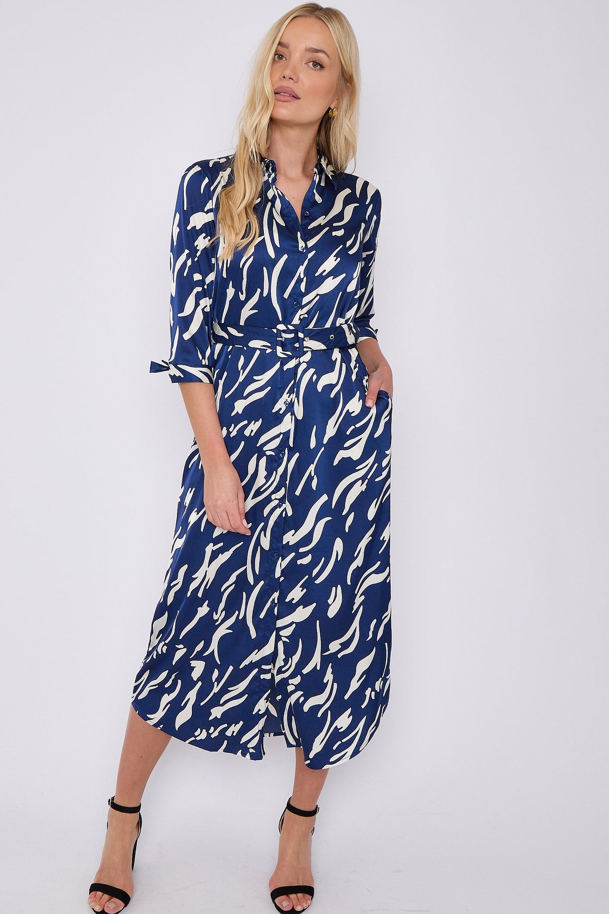 Blue Print Half Sleeve Belted Satin Maxi Shirt Dress LS-2417-CN1