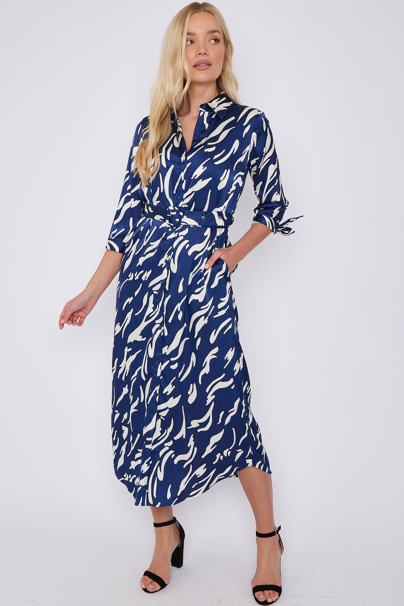 Blue Print Half Sleeve Belted Satin Maxi Shirt Dress LS-2417-CN1