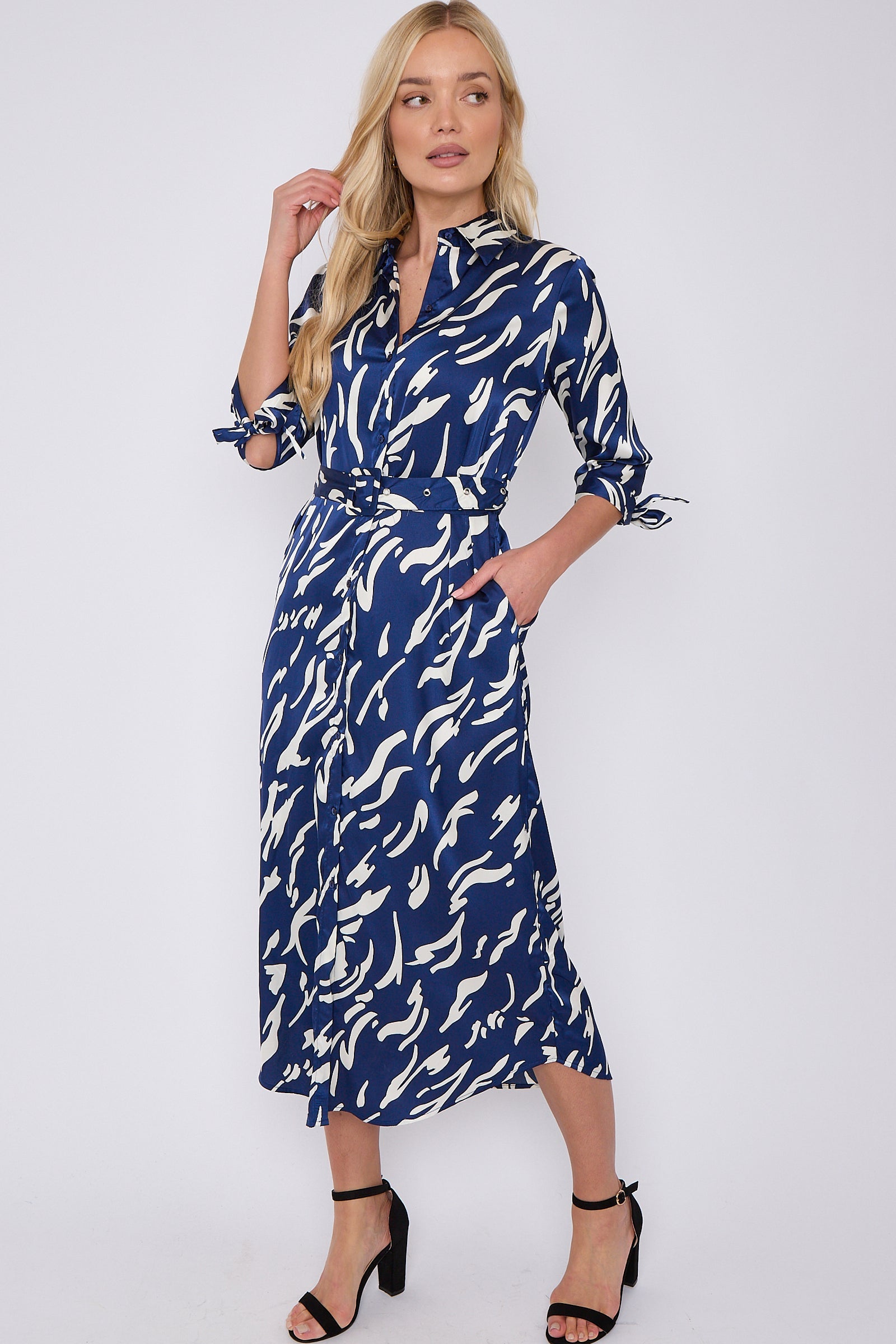 Blue Print Half Sleeve Belted Satin Maxi Shirt Dress LS-2417-CN1