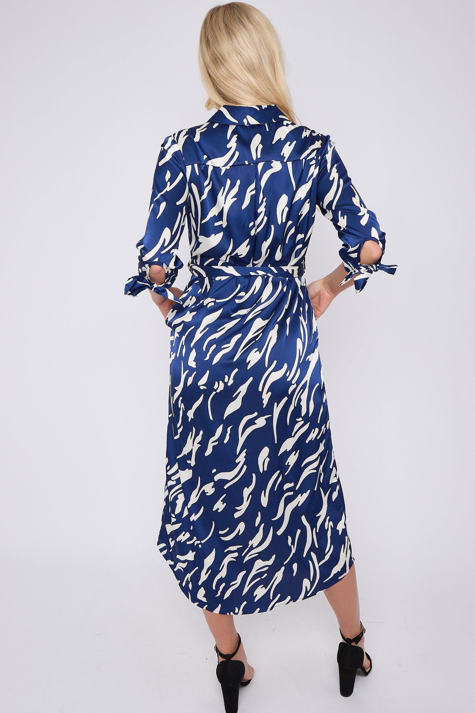 Blue Print Half Sleeve Belted Satin Maxi Shirt Dress LS-2417-CN1