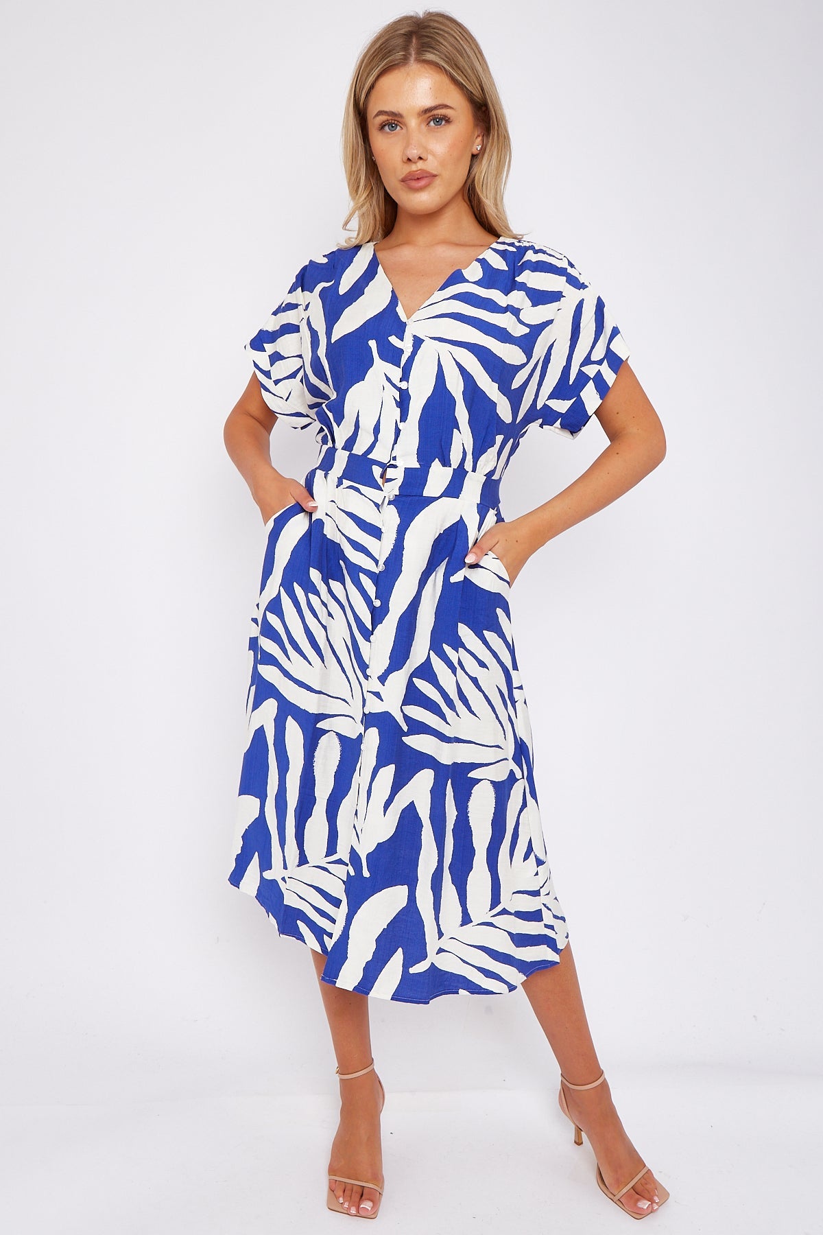 Blue Leaf Print Short Sleeve V Neck Midi Dress LS-2433-B1