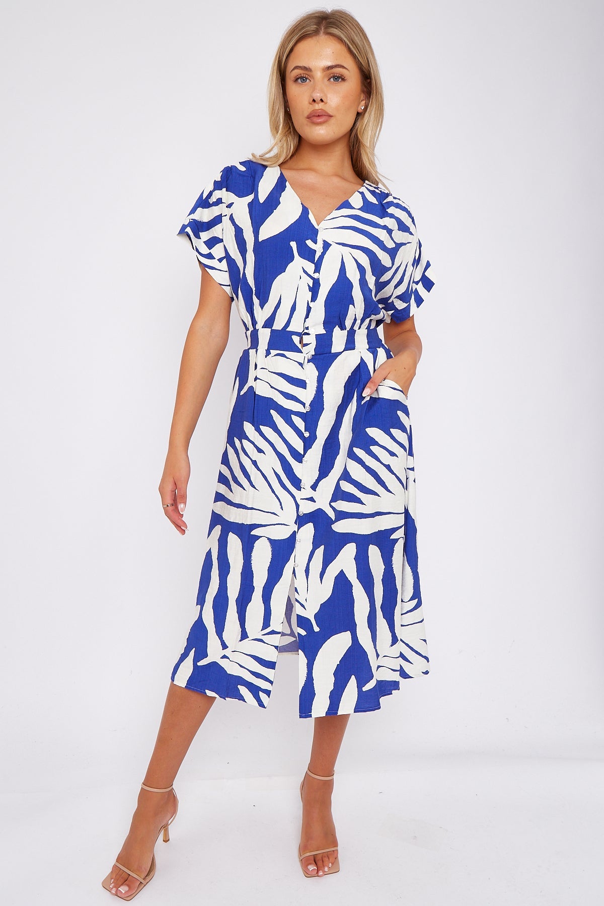 Blue Leaf Print Short Sleeve V Neck Midi Dress LS-2433-B1