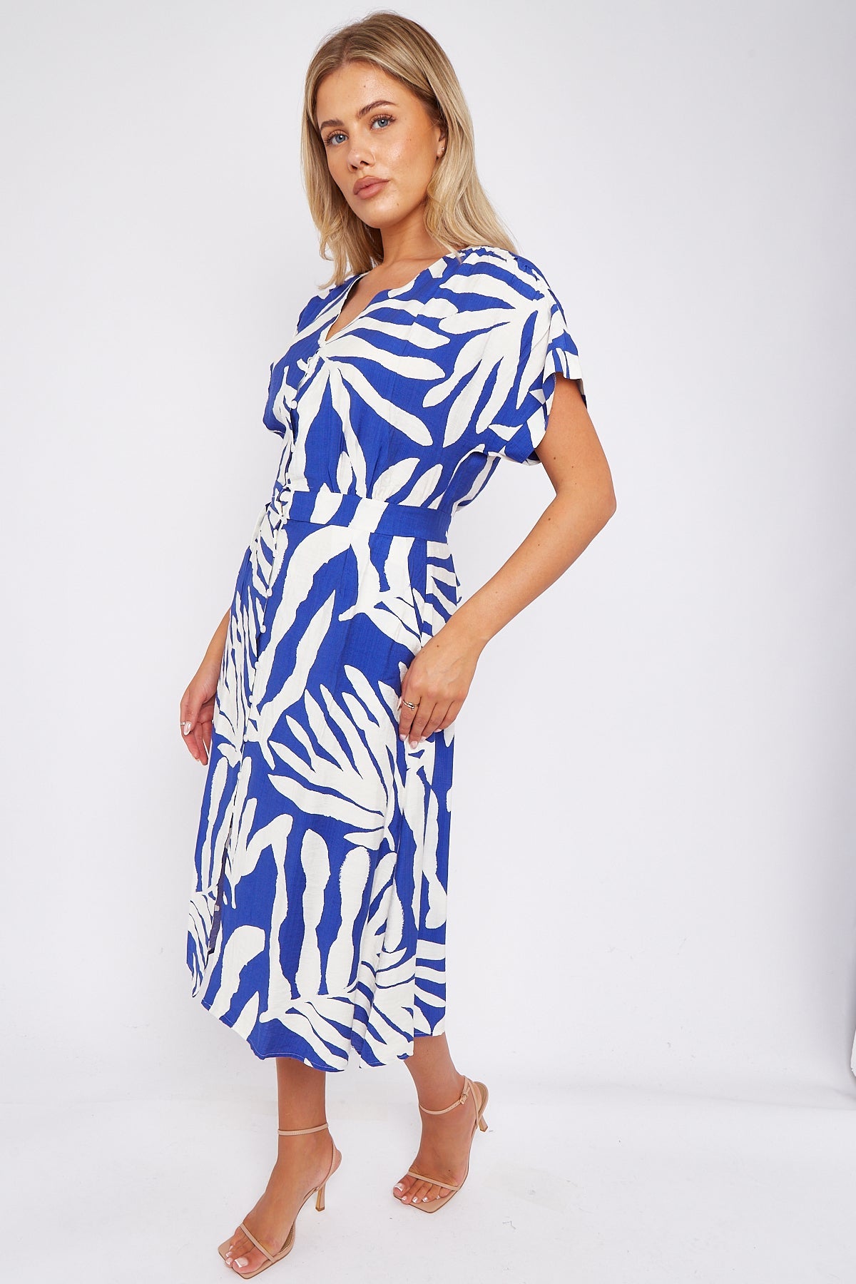 Blue Leaf Print Short Sleeve V Neck Midi Dress LS-2433-B1