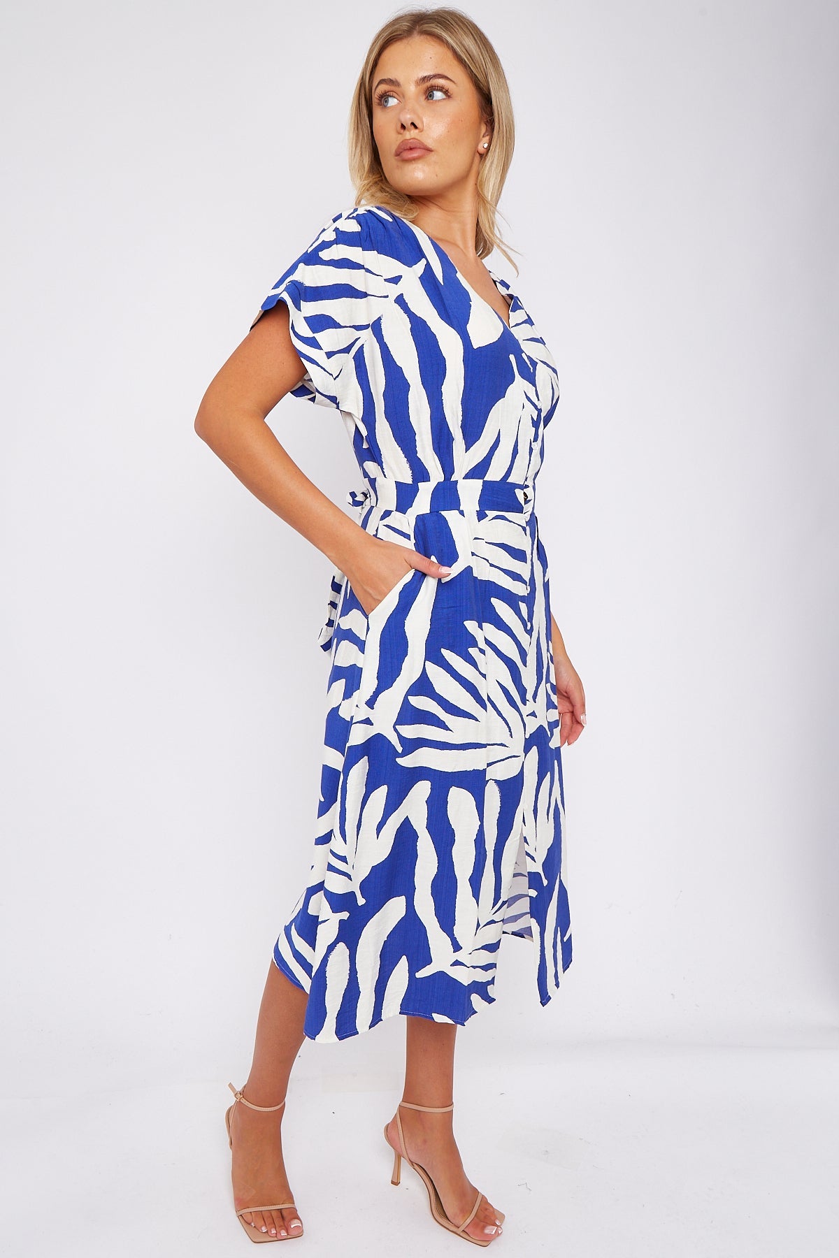 Blue Leaf Print Short Sleeve V Neck Midi Dress LS-2433-B1