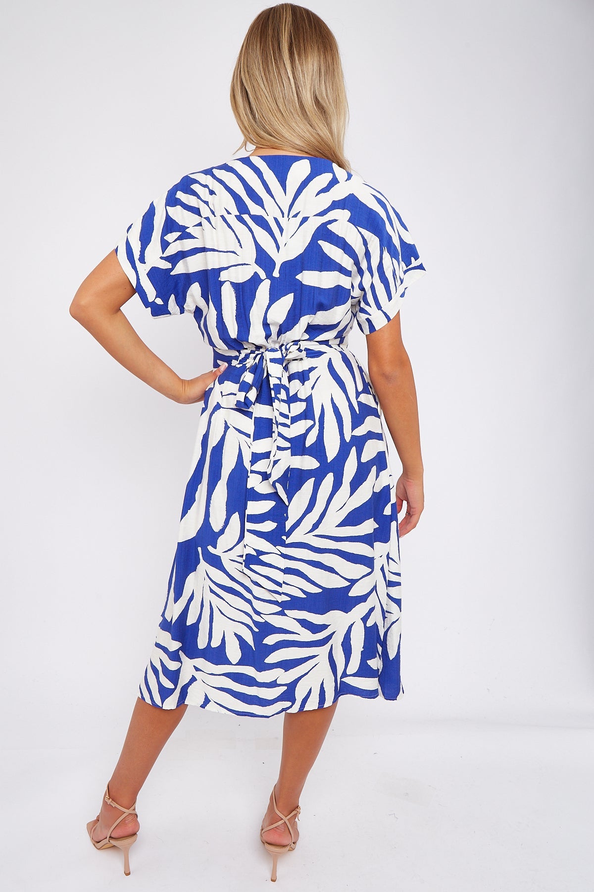 Blue Leaf Print Short Sleeve V Neck Midi Dress LS-2433-B1