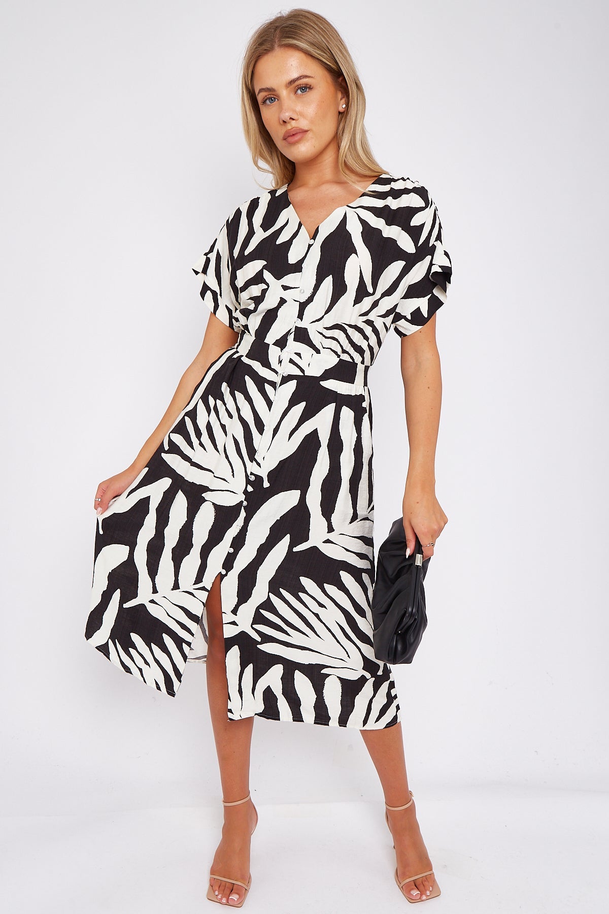 Black Leaf Print Short Sleeve V Neck Midi Dress LS-2433-B2