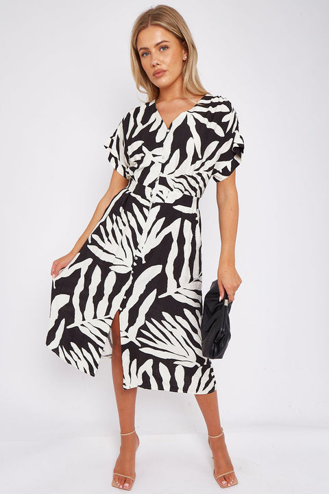 Black Leaf Print Short Sleeve V Neck Midi Dress by LOVE SUNSHINE