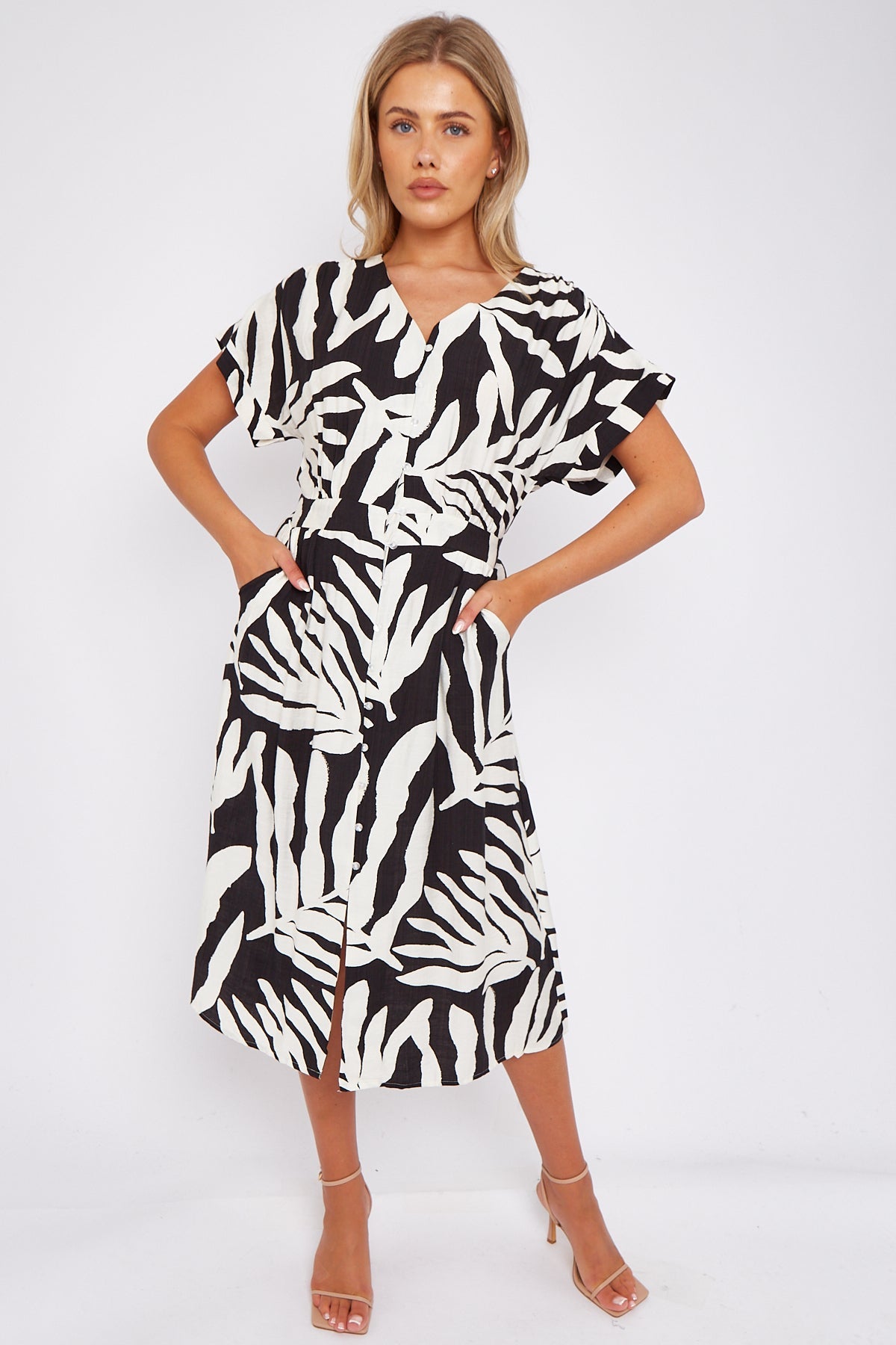 Black Leaf Print Short Sleeve V Neck Midi Dress LS-2433-B2