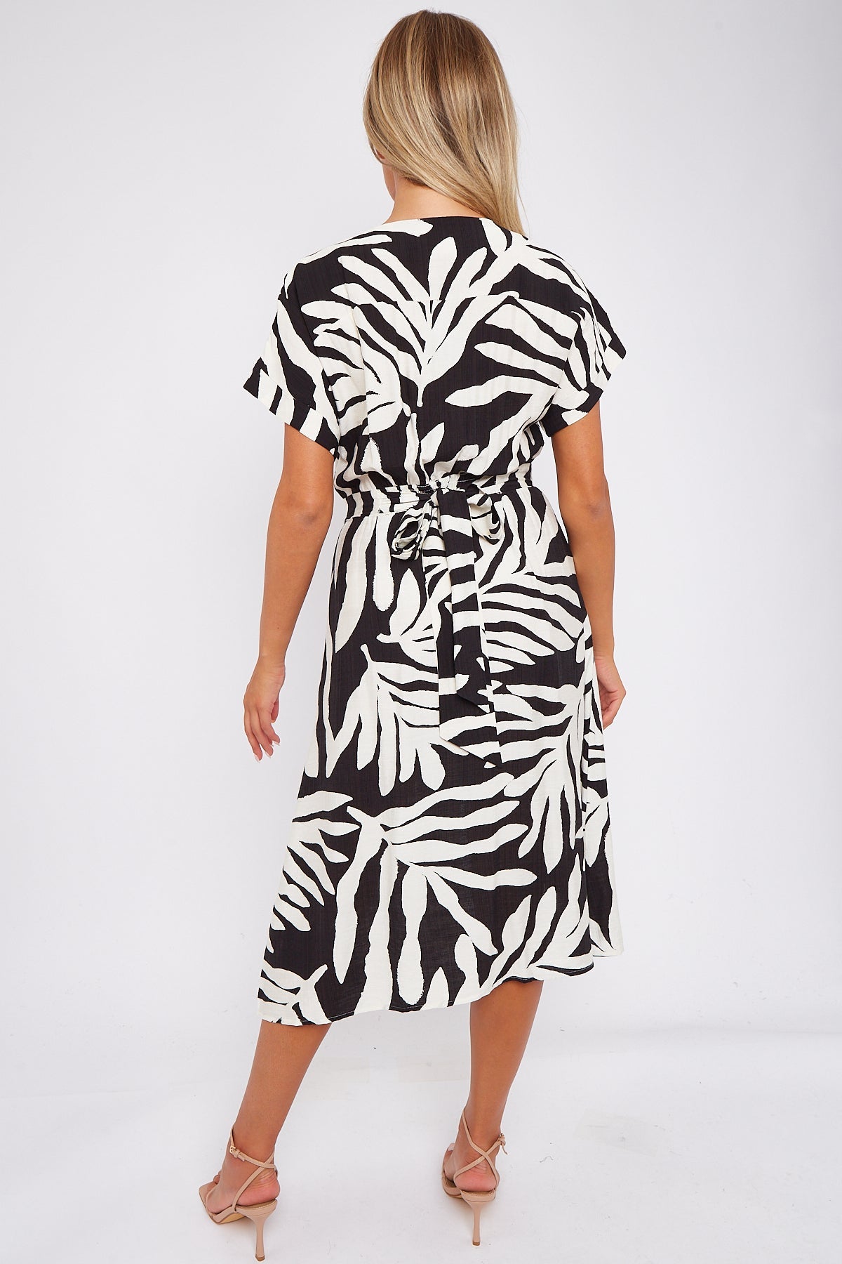 Black Leaf Print Short Sleeve V Neck Midi Dress LS-2433-B2