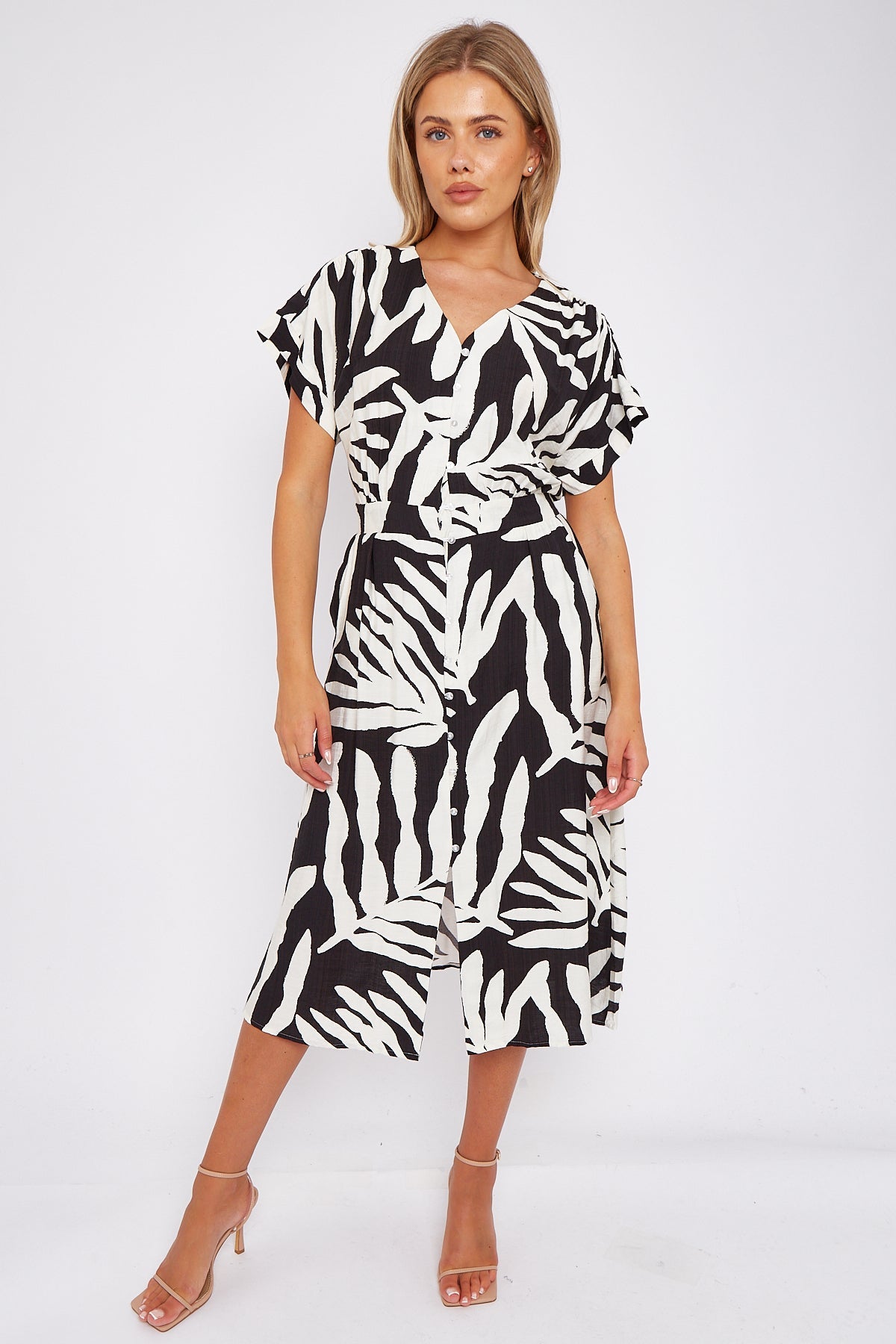 Black Leaf Print Short Sleeve V Neck Midi Dress LS-2433-B2