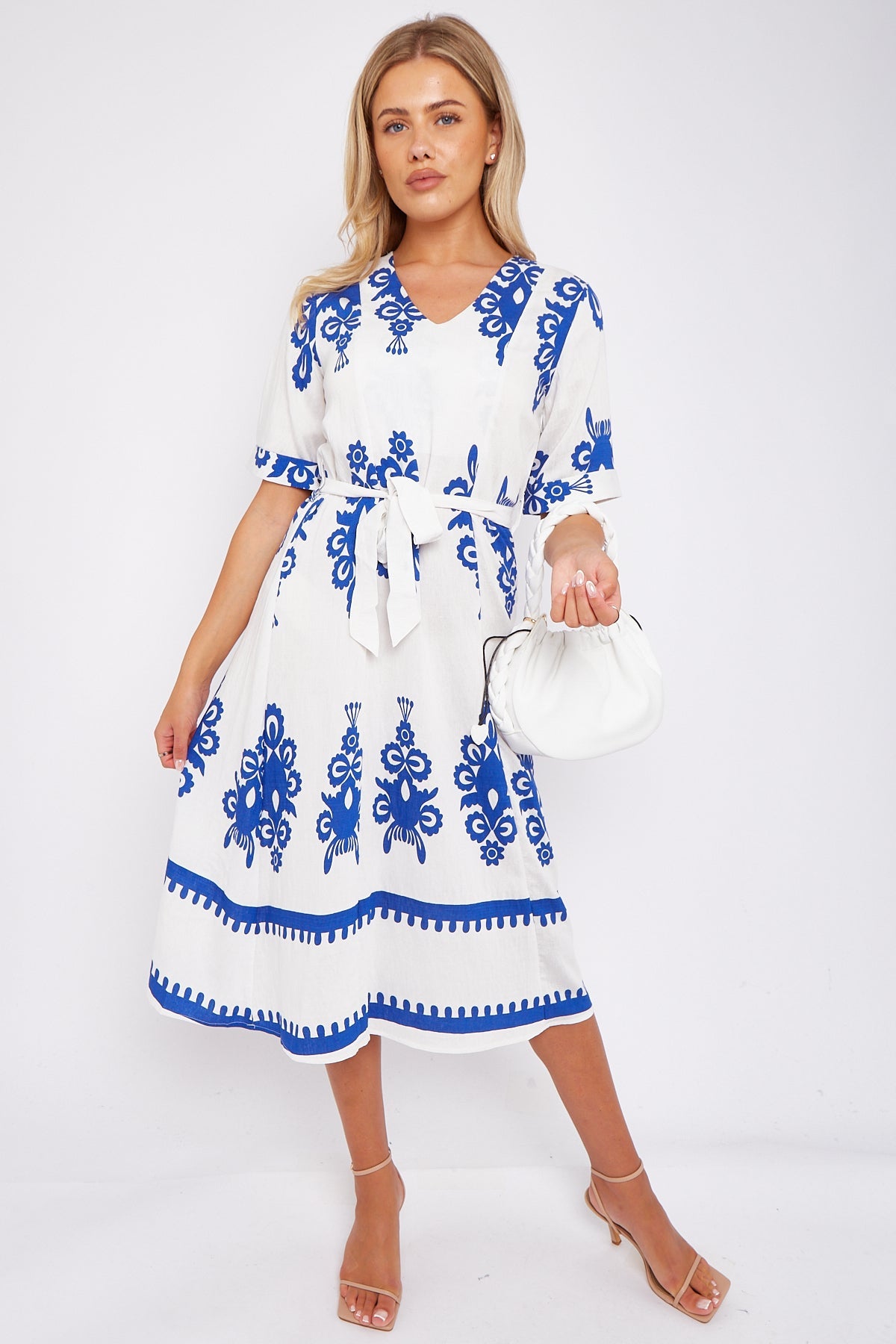 White Pattern Print Short Sleeve Midi Dress LS-2434-P1