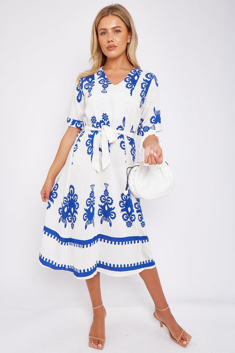 LOVE SUNSHINE White Pattern Print Short Sleeve Midi Dress