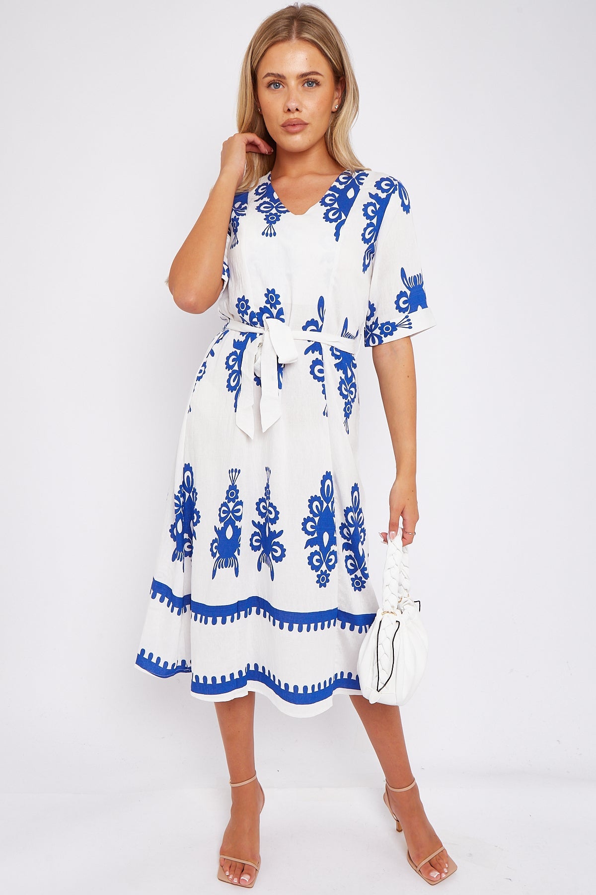 White Pattern Print Short Sleeve Midi Dress LS-2434-P1