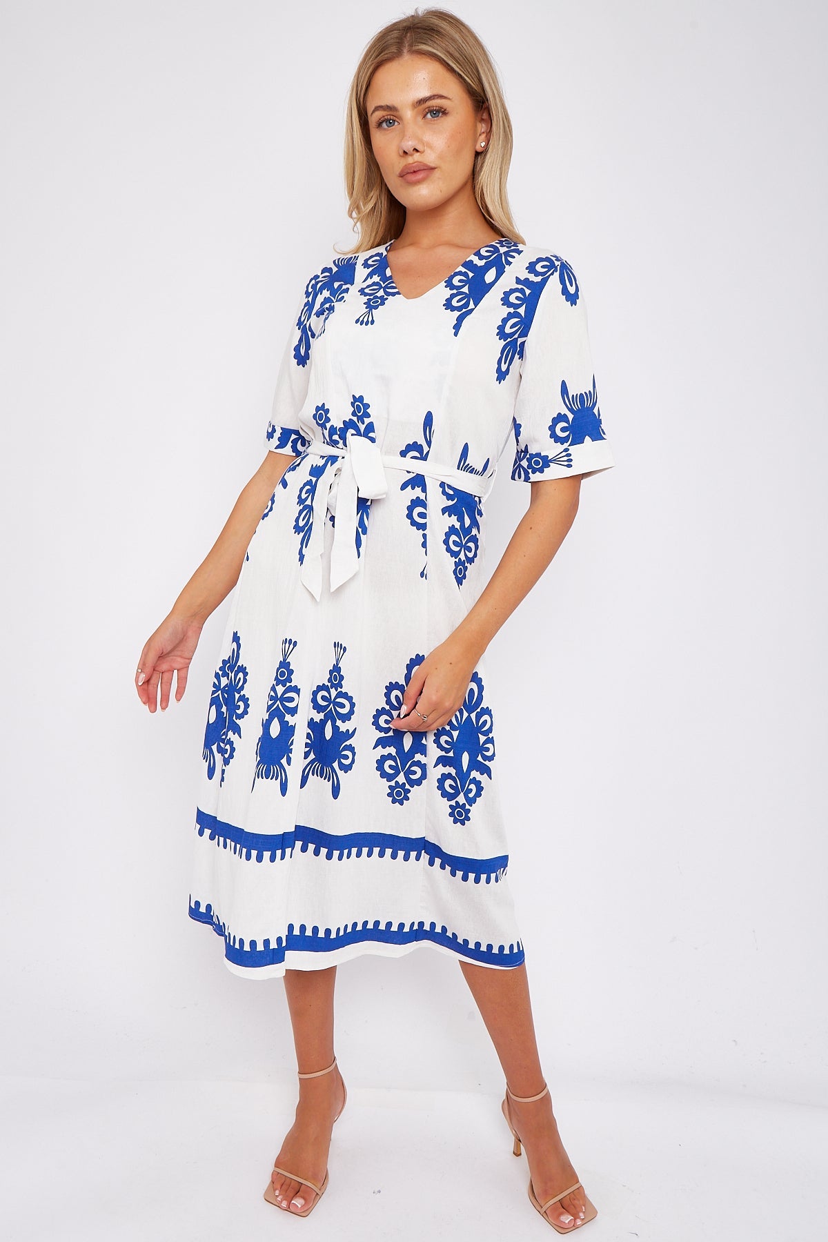 White Pattern Print Short Sleeve Midi Dress LS-2434-P1