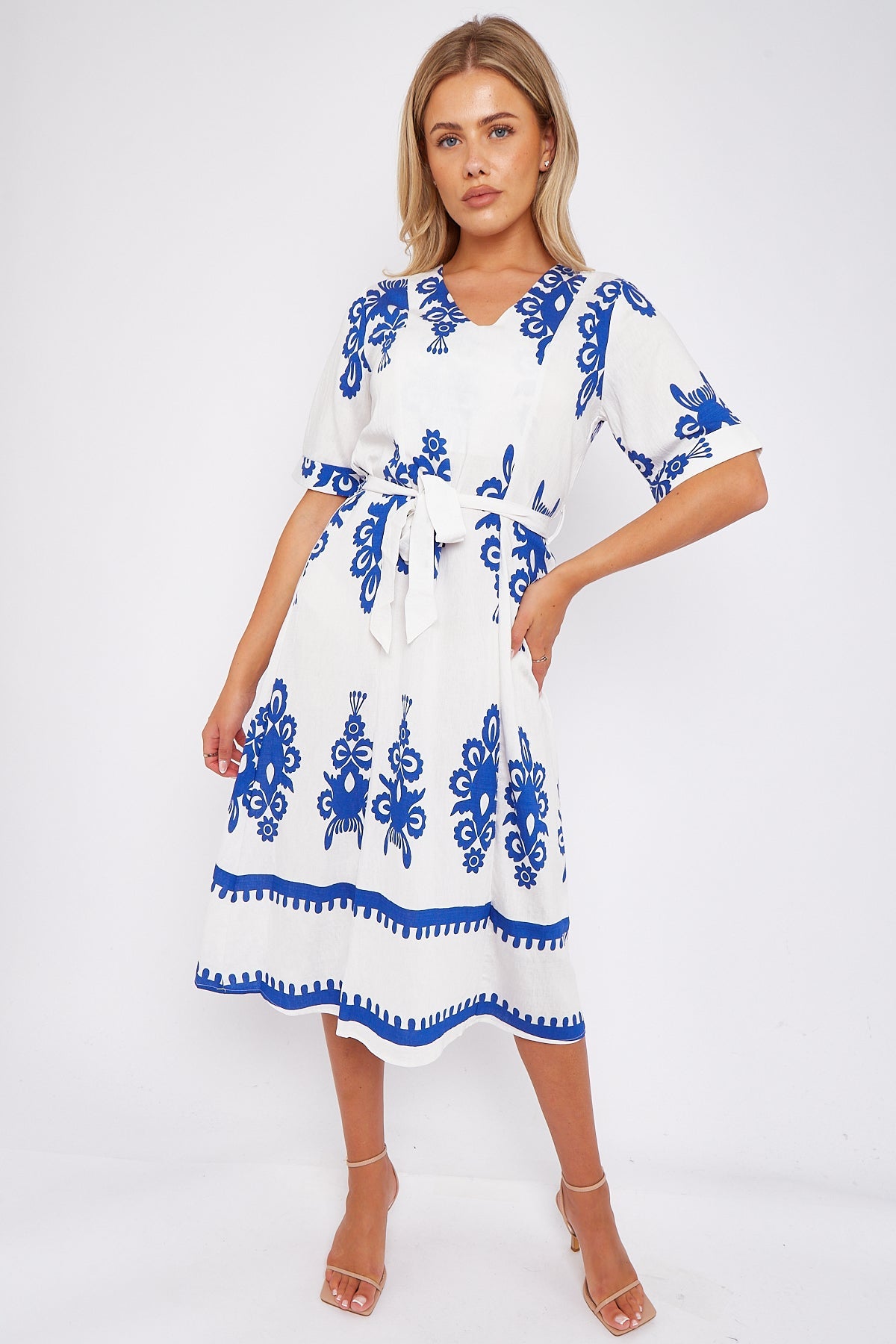 White Pattern Print Short Sleeve Midi Dress LS-2434-P1