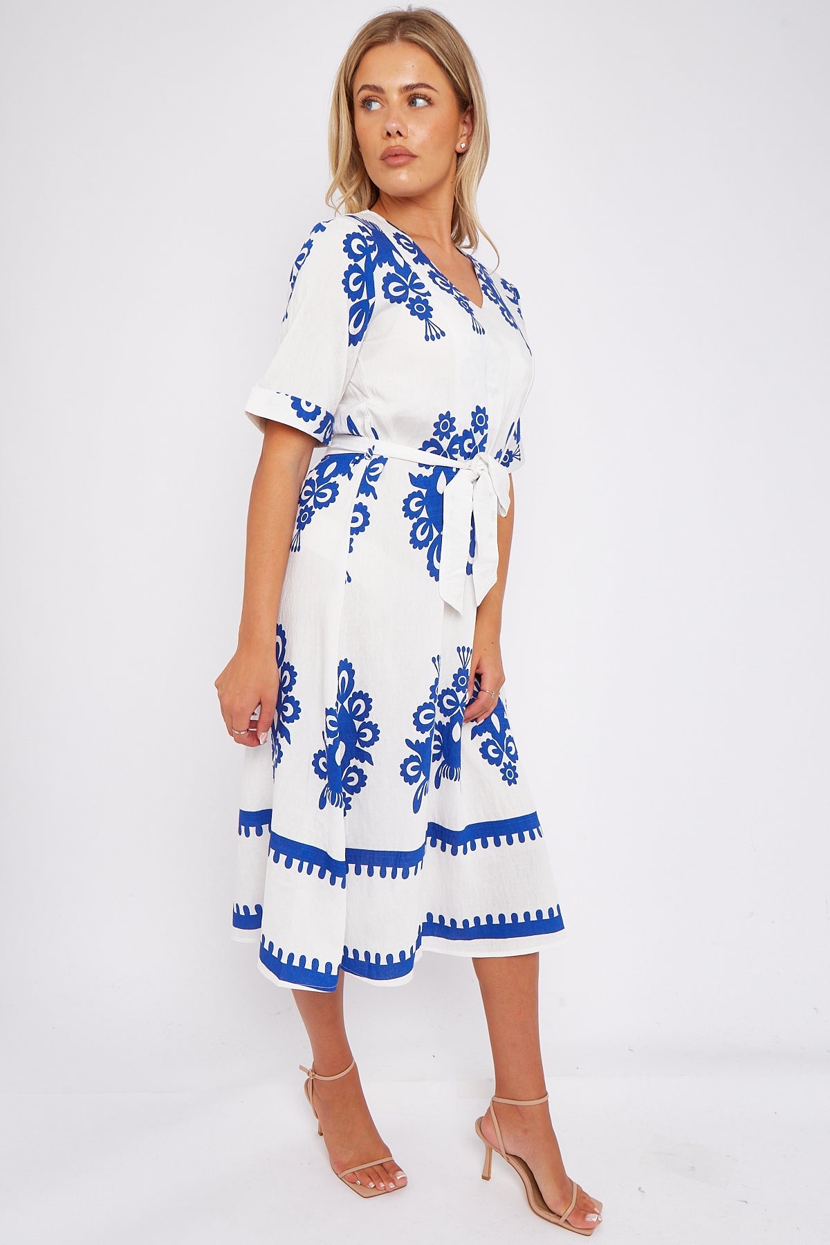 White Pattern Print Short Sleeve Midi Dress LS-2434-P1