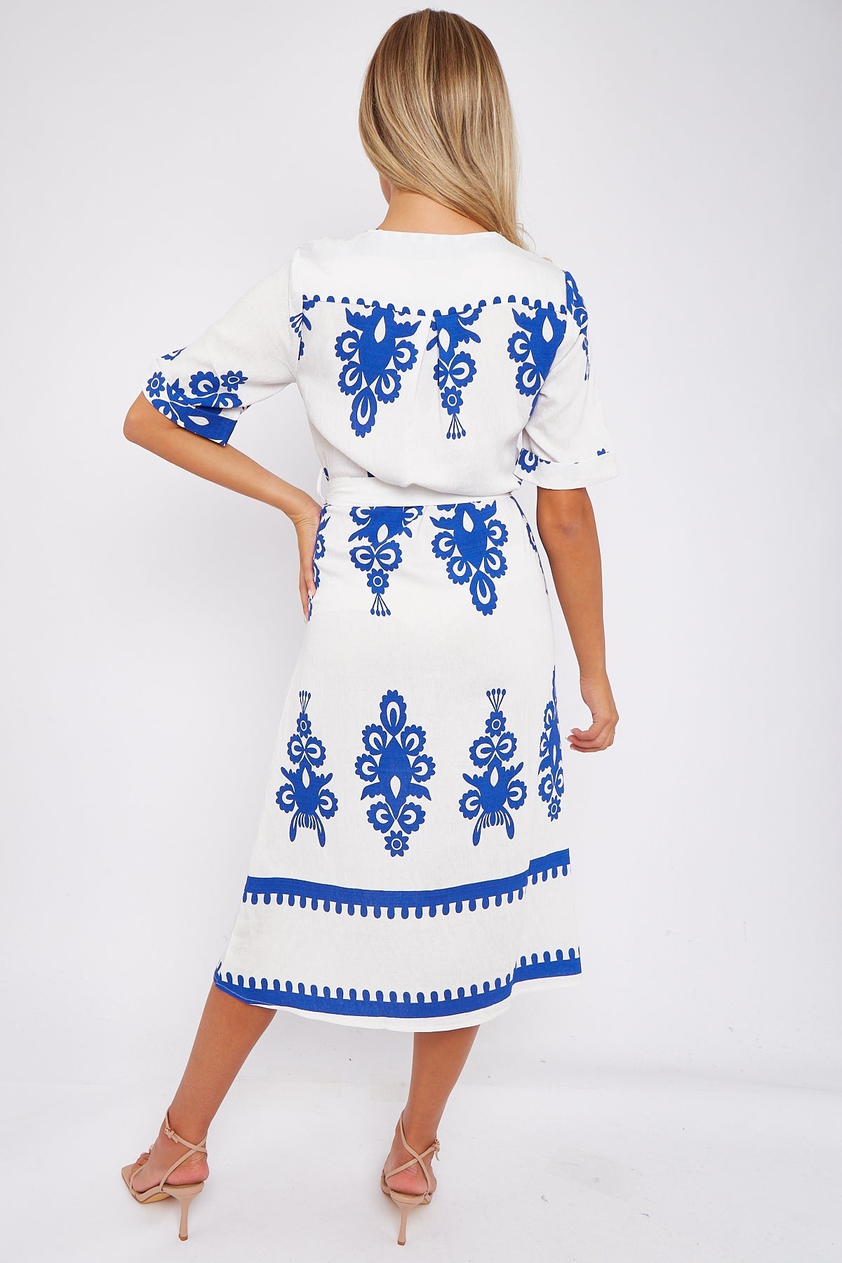 White Pattern Print Short Sleeve Midi Dress LS-2434-P1