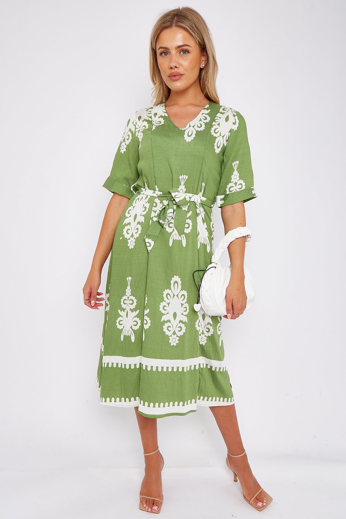 Green Pattern Print Short Sleeve Midi Dress LS-2434-P3