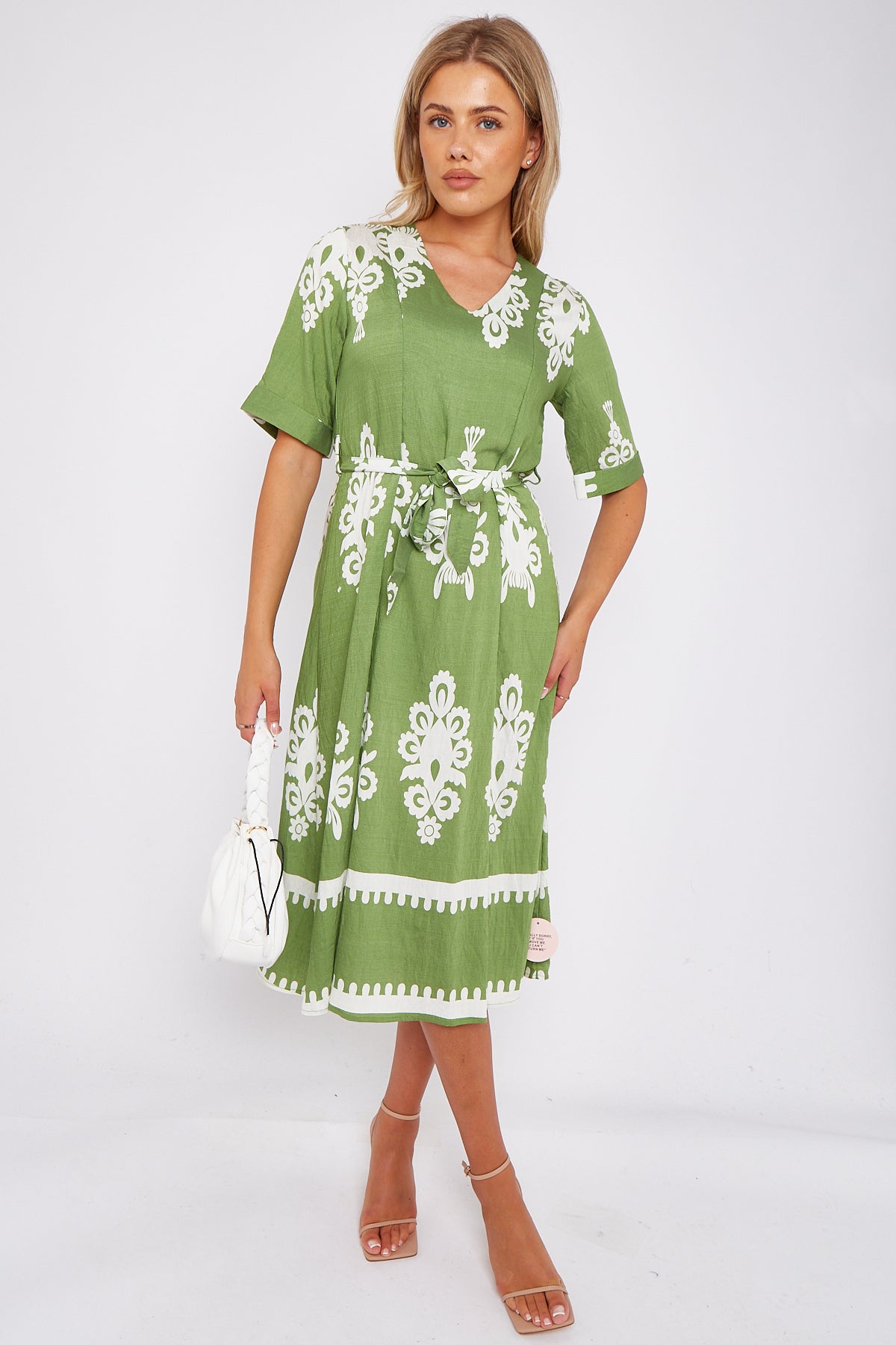 Green Pattern Print Short Sleeve Midi Dress LS-2434-P3