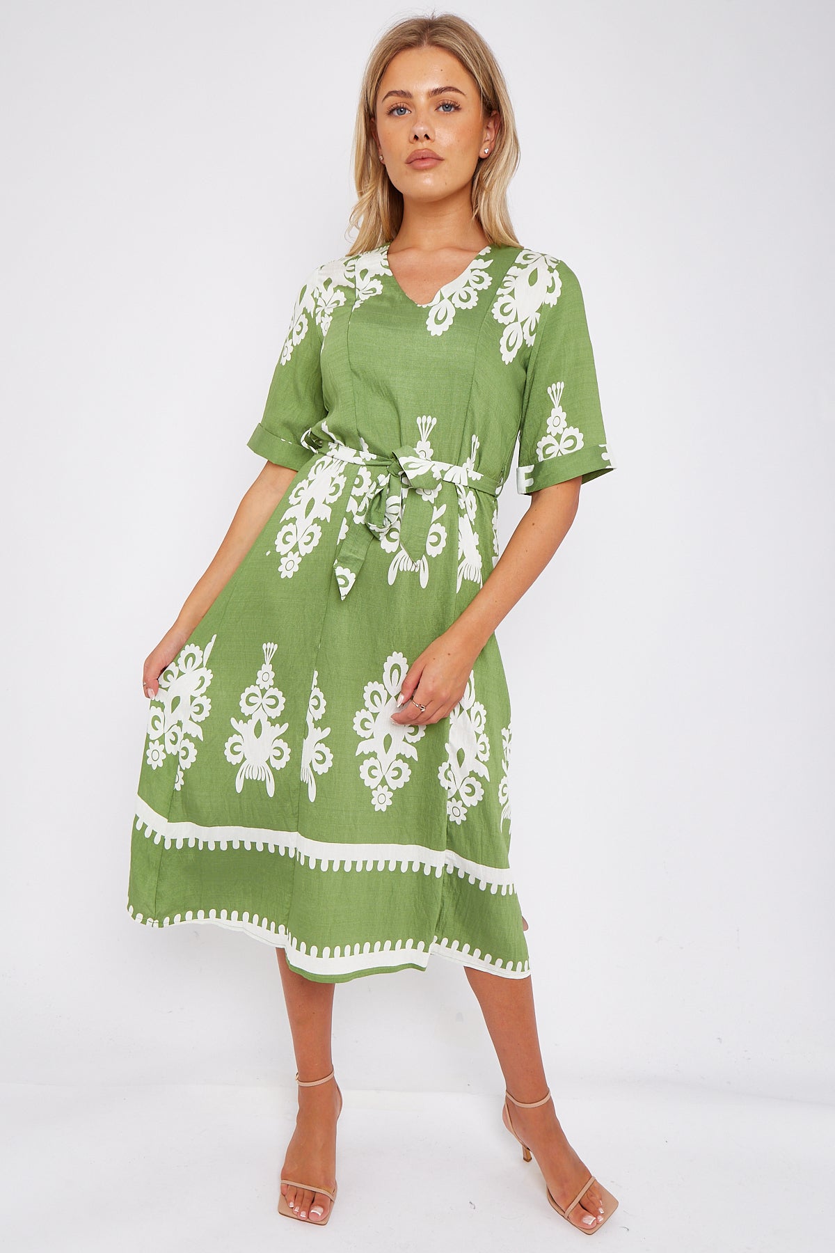 Green Pattern Print Short Sleeve Midi Dress LS-2434-P3