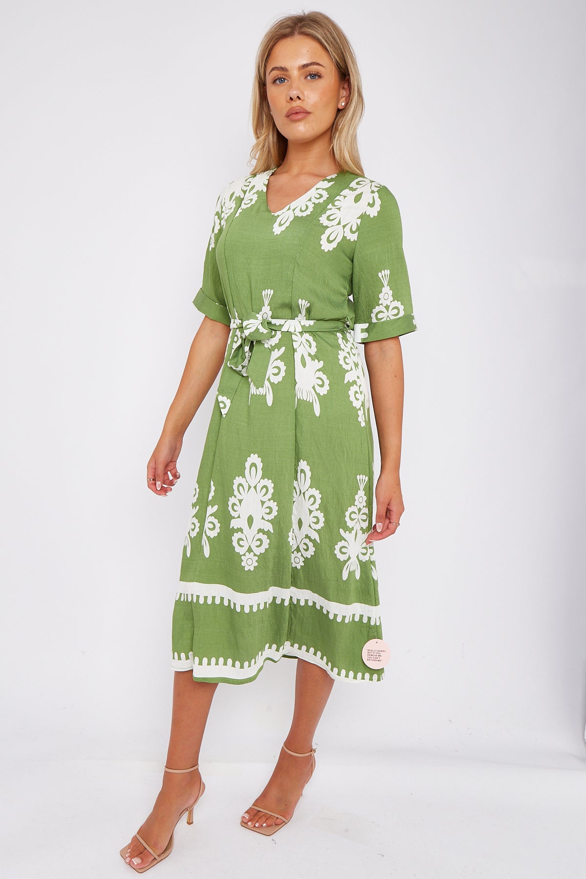 Green Pattern Print Short Sleeve Midi Dress LS-2434-P3