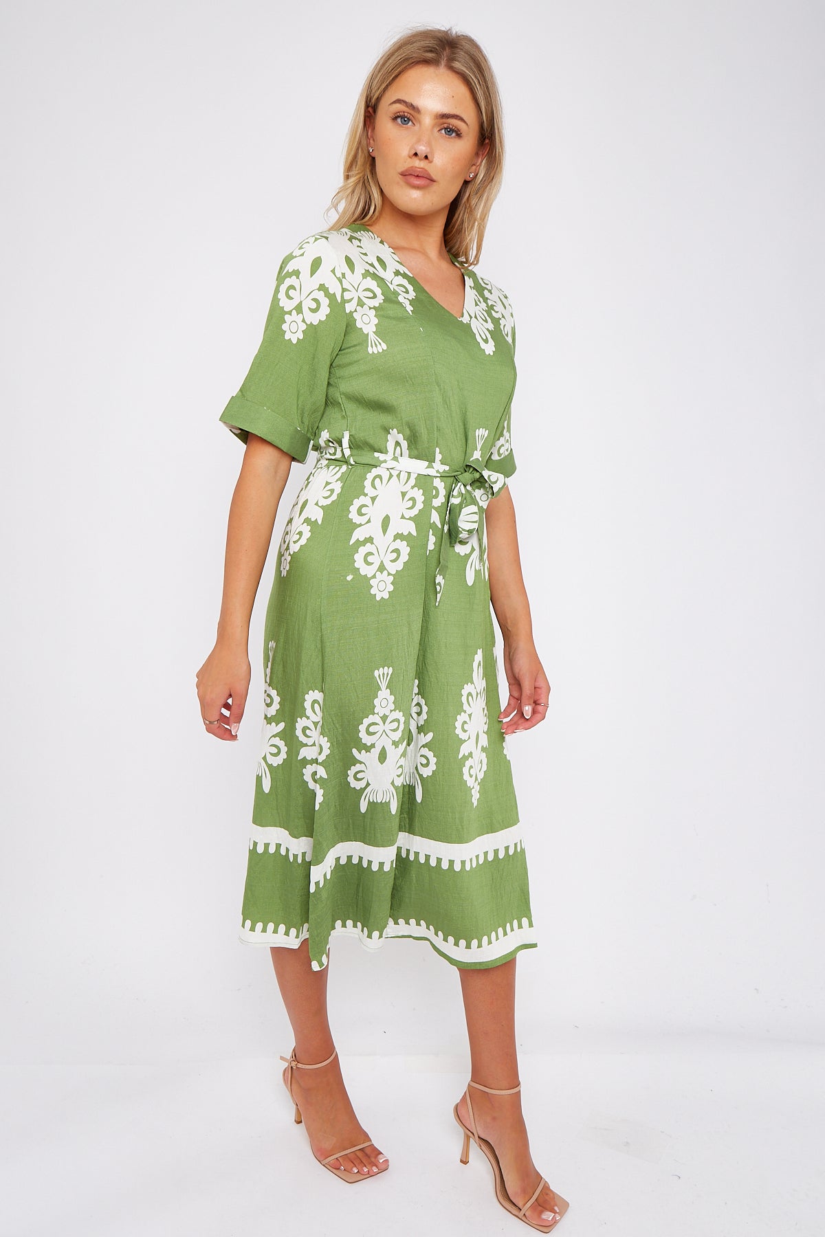 Green Pattern Print Short Sleeve Midi Dress LS-2434-P3