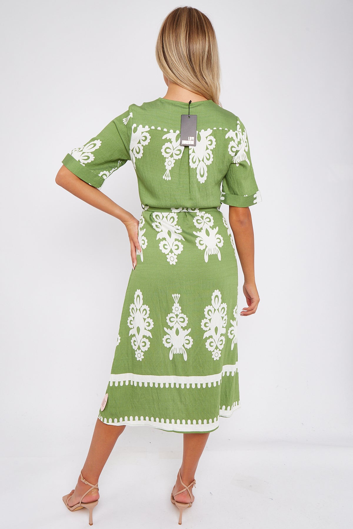 Green Pattern Print Short Sleeve Midi Dress LS-2434-P3