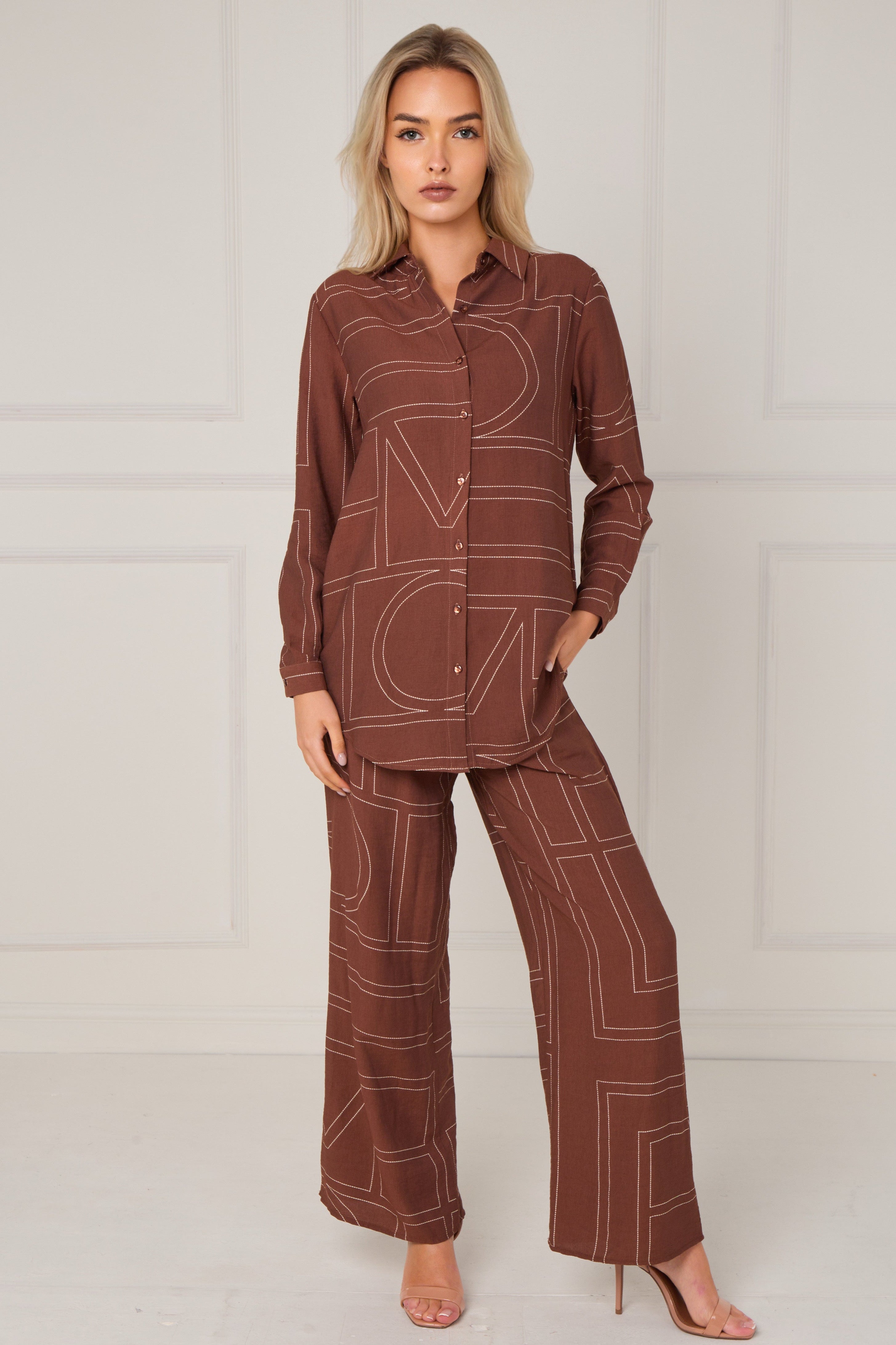Chocolate Geometric Line Print Wide-Leg Co-ord LS-5002&9057-TZ22