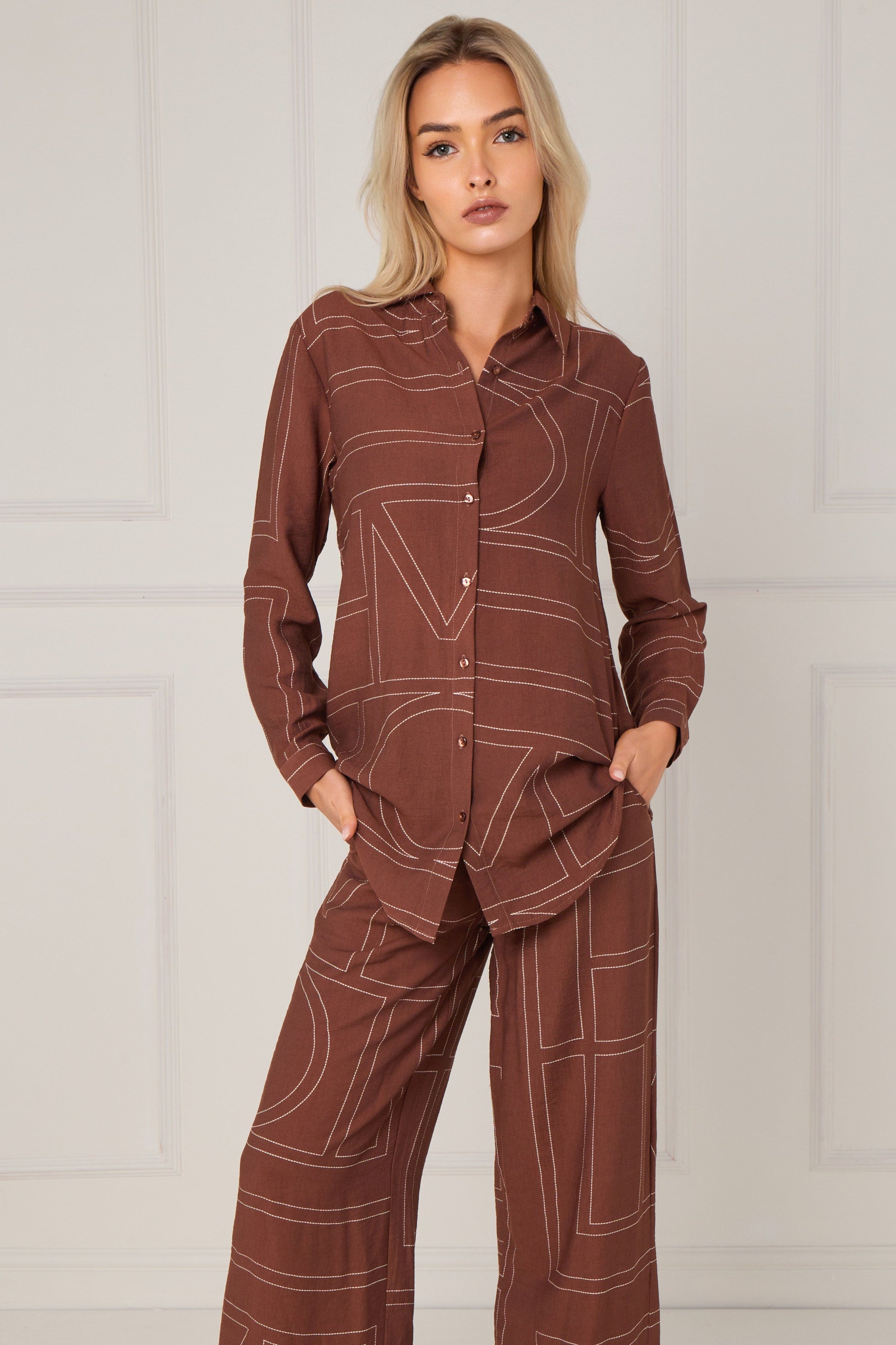 Chocolate Geometric Line Print Wide-Leg Co-ord LS-5002&9057-TZ22