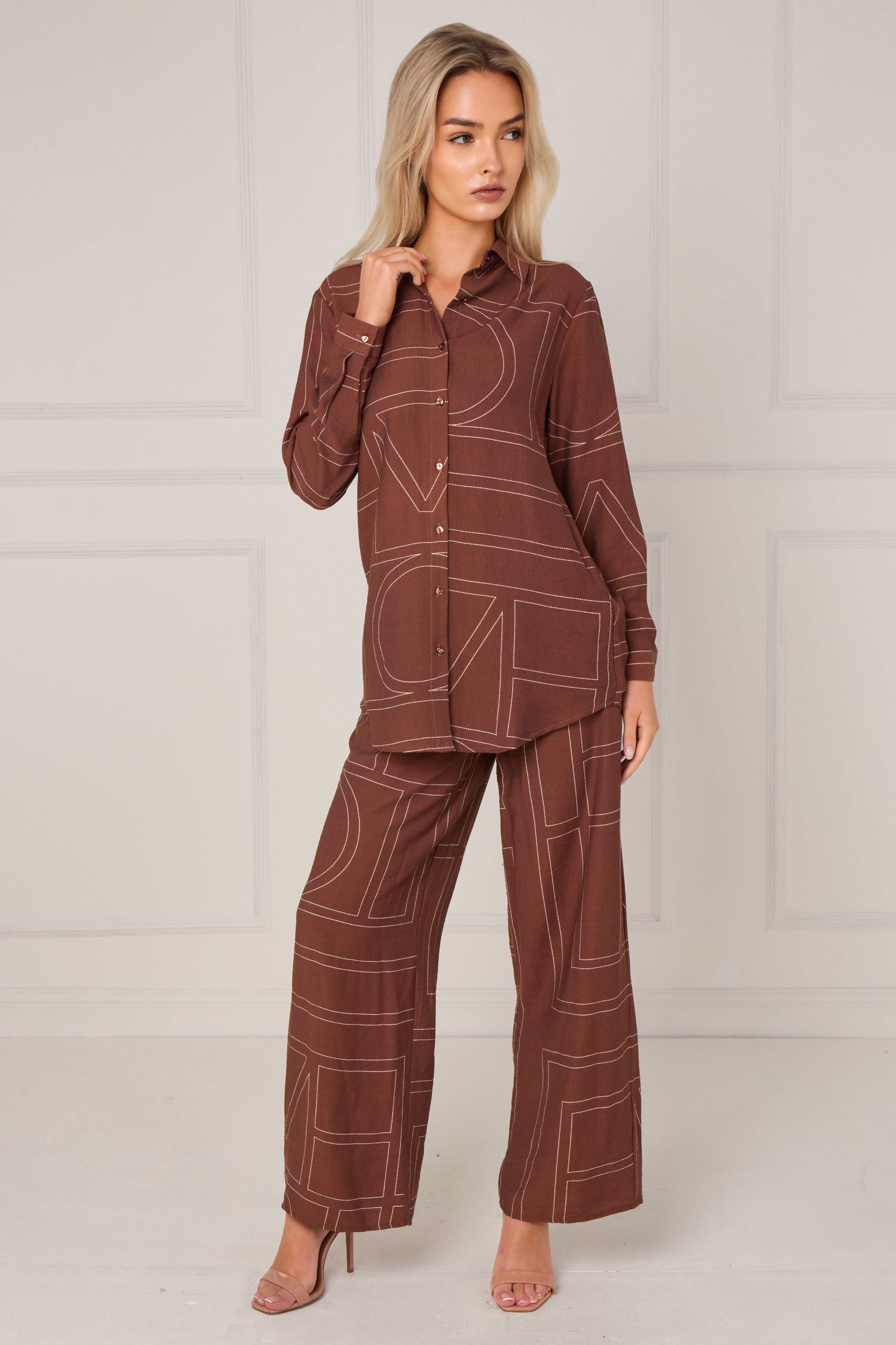 Chocolate Geometric Line Print Wide-Leg Co-ord LS-5002&9057-TZ22