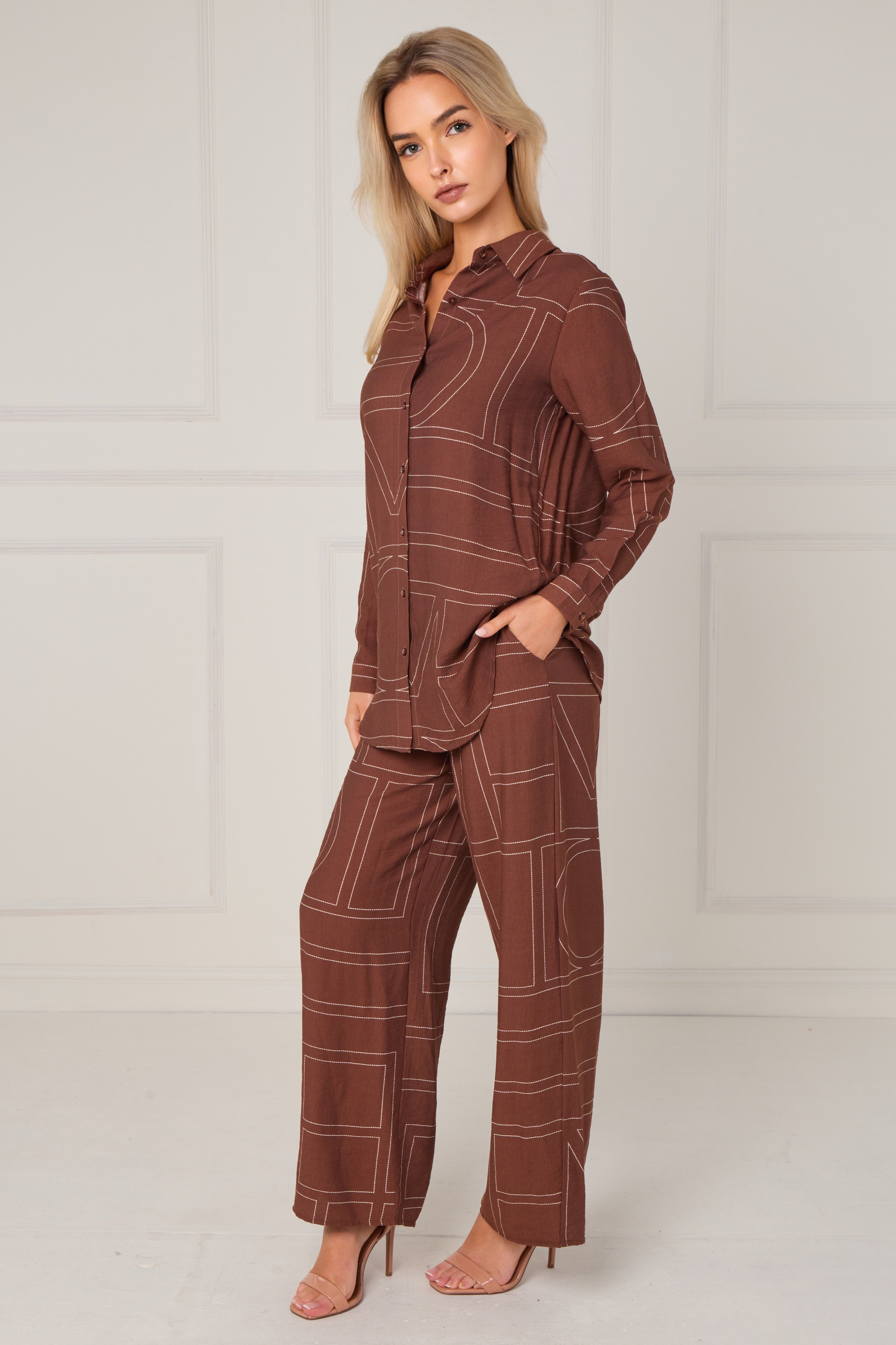 Chocolate Geometric Line Print Wide-Leg Co-ord LS-5002&9057-TZ22