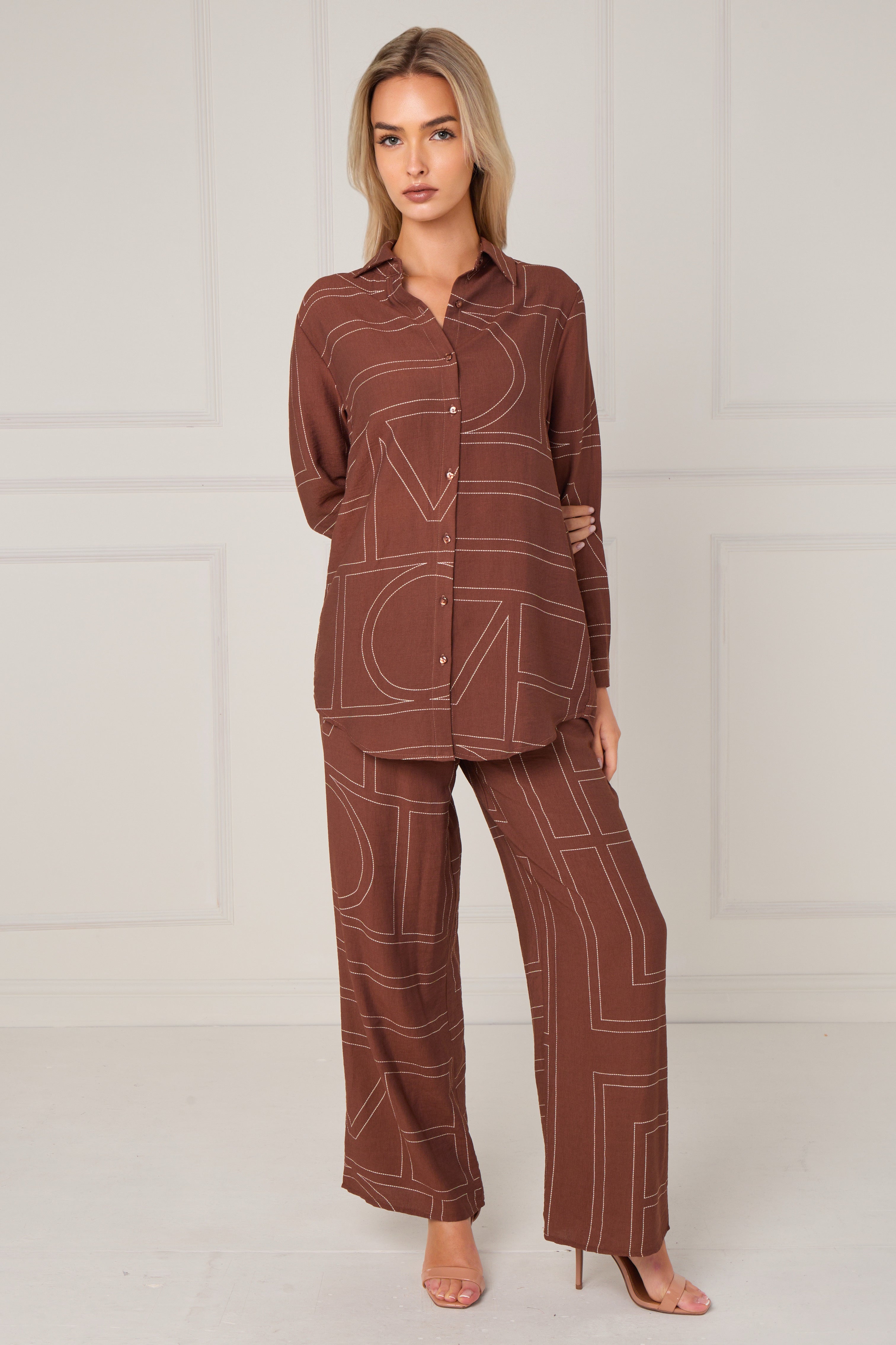 Chocolate Geometric Line Print Wide-Leg Co-ord LS-5002&9057-TZ22