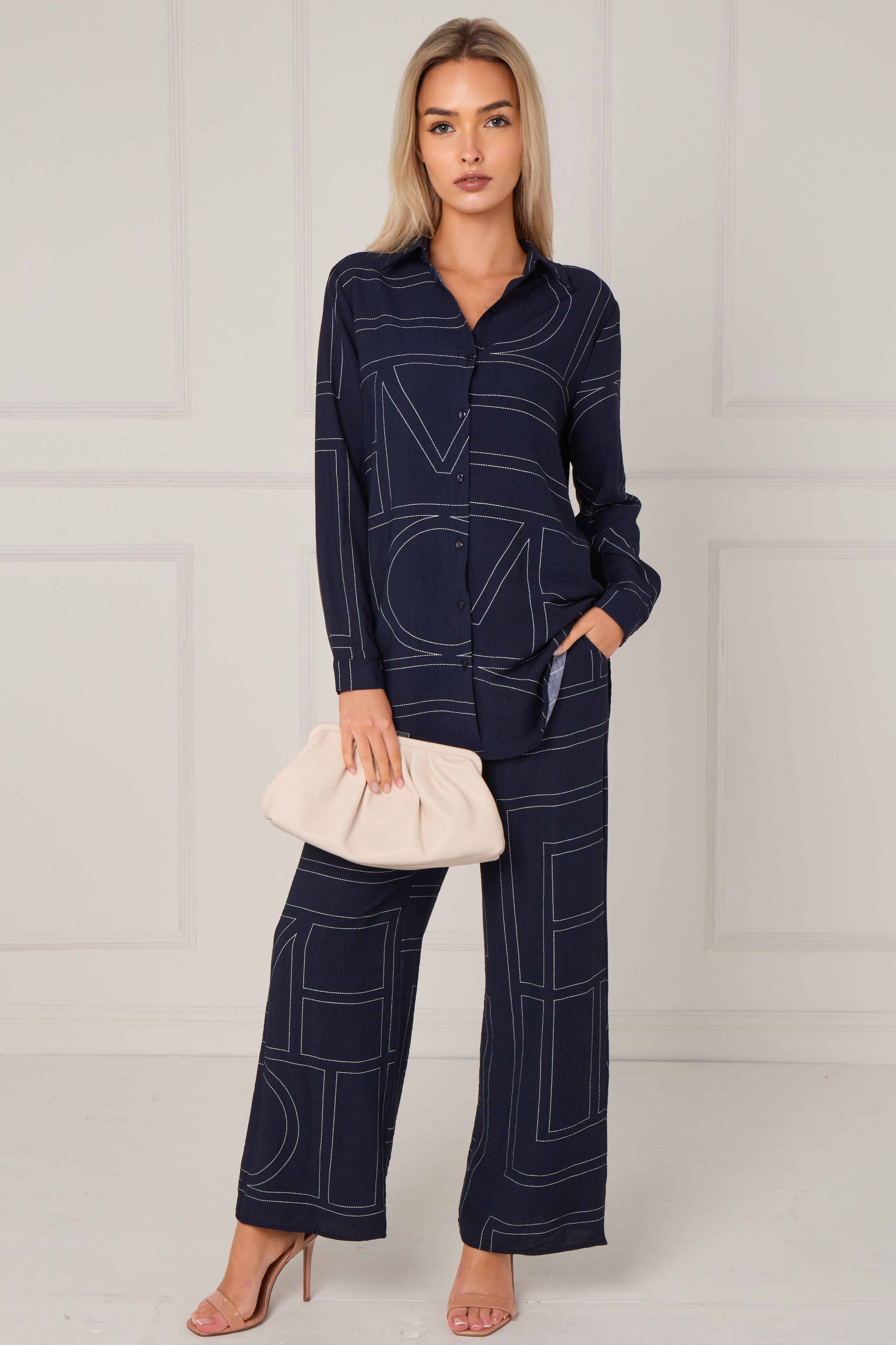 Navy Geometric Line Print Wide-Leg Co-ord LS-5002&9057-TZ20