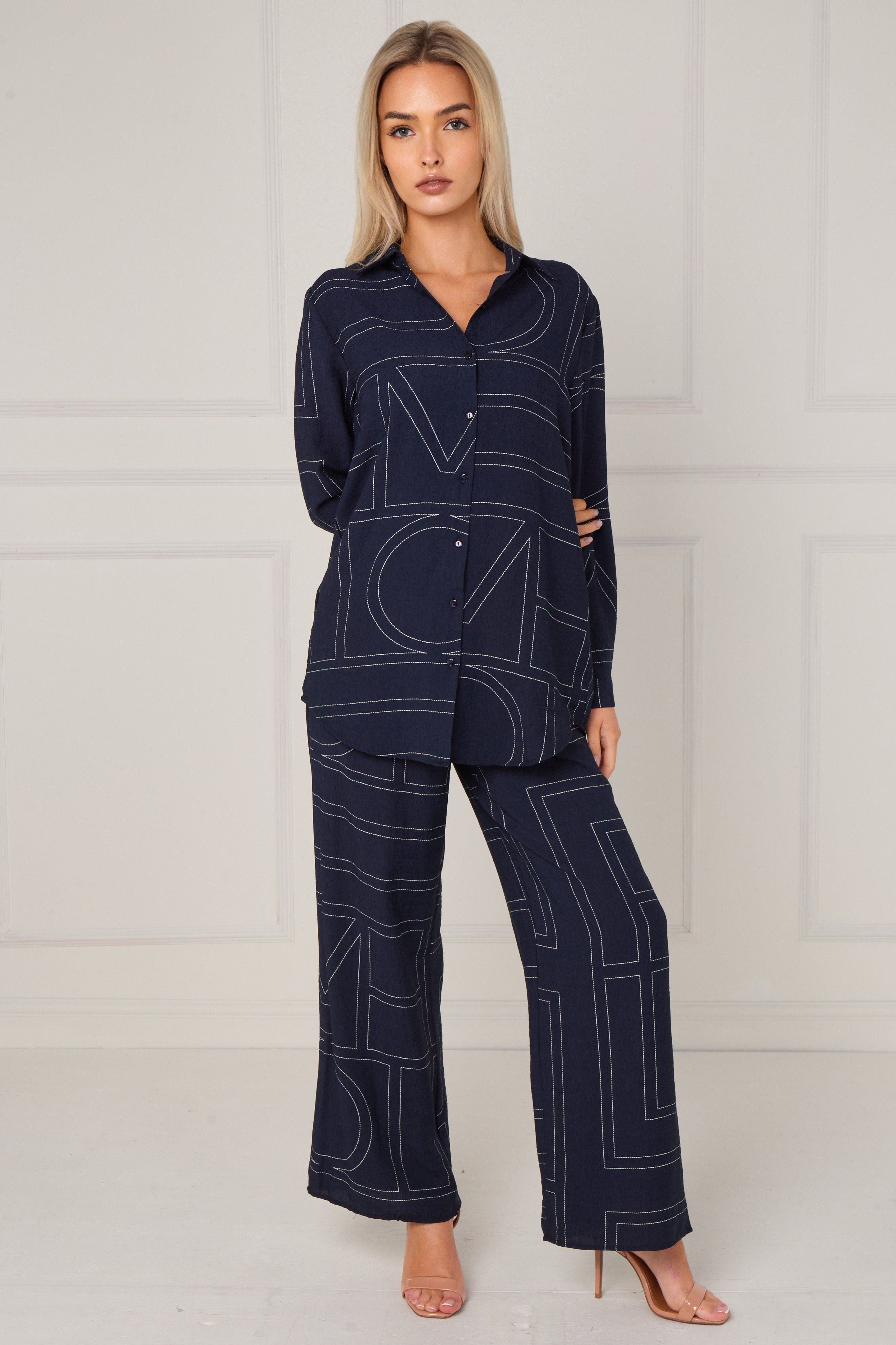 Navy Geometric Line Print Wide-Leg Co-ord LS-5002&9057-TZ20