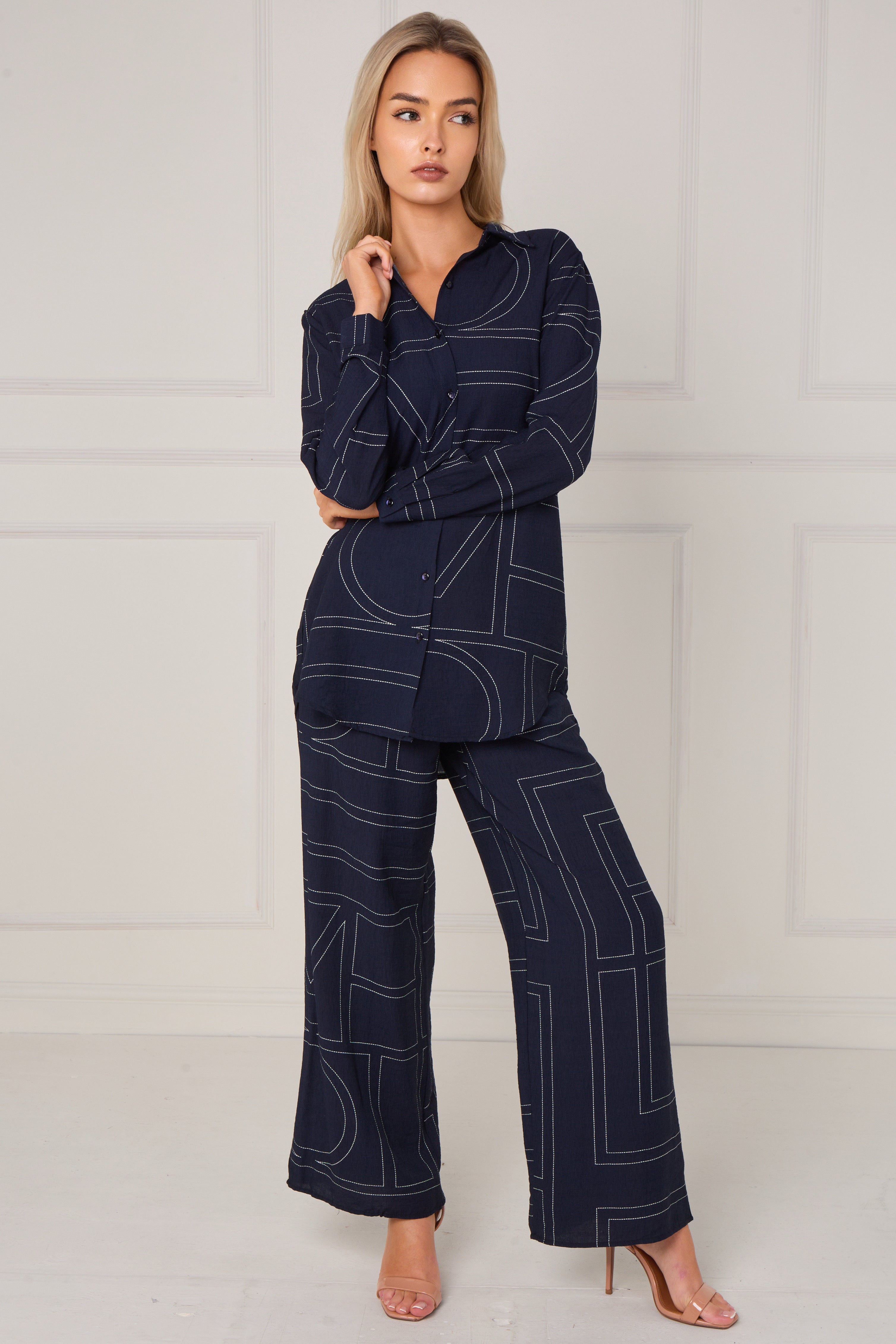 Navy Geometric Line Print Wide-Leg Co-ord LS-5002&9057-TZ20