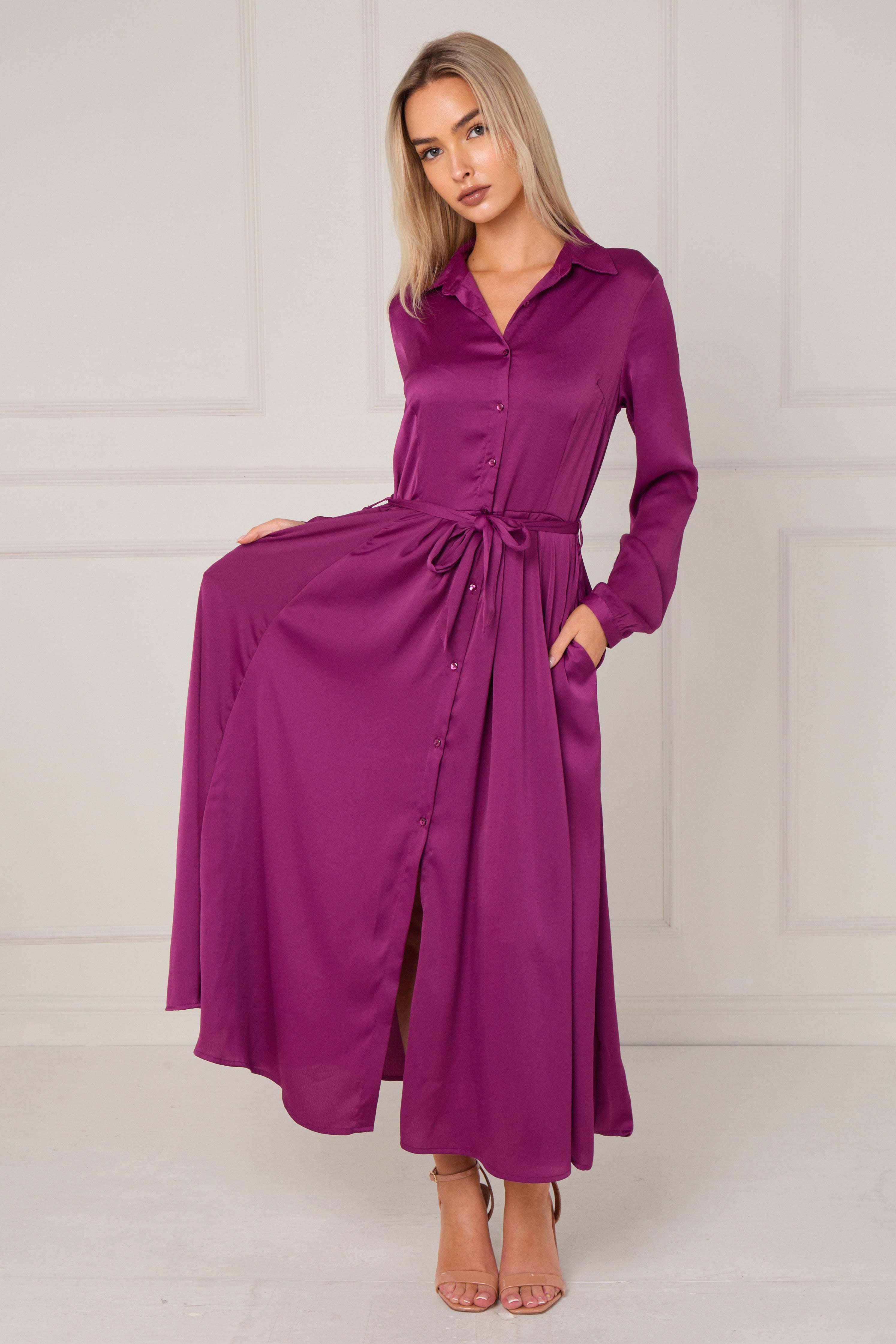 Magenta Layered Satin Long Sleeve Maxi Shirt Dress LS-2037-8078-61