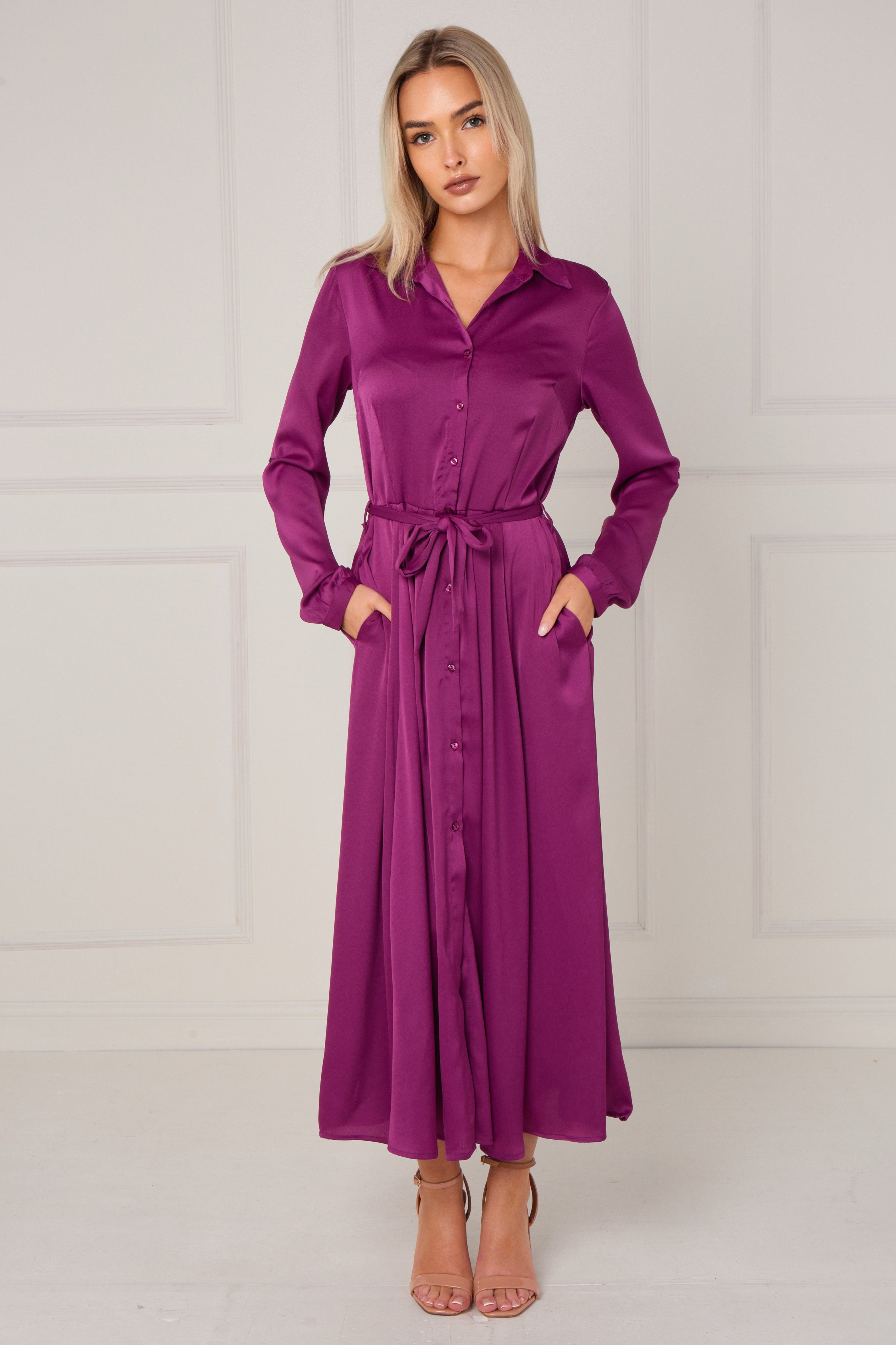 Magenta Layered Satin Long Sleeve Maxi Shirt Dress LS-2037-8078-61