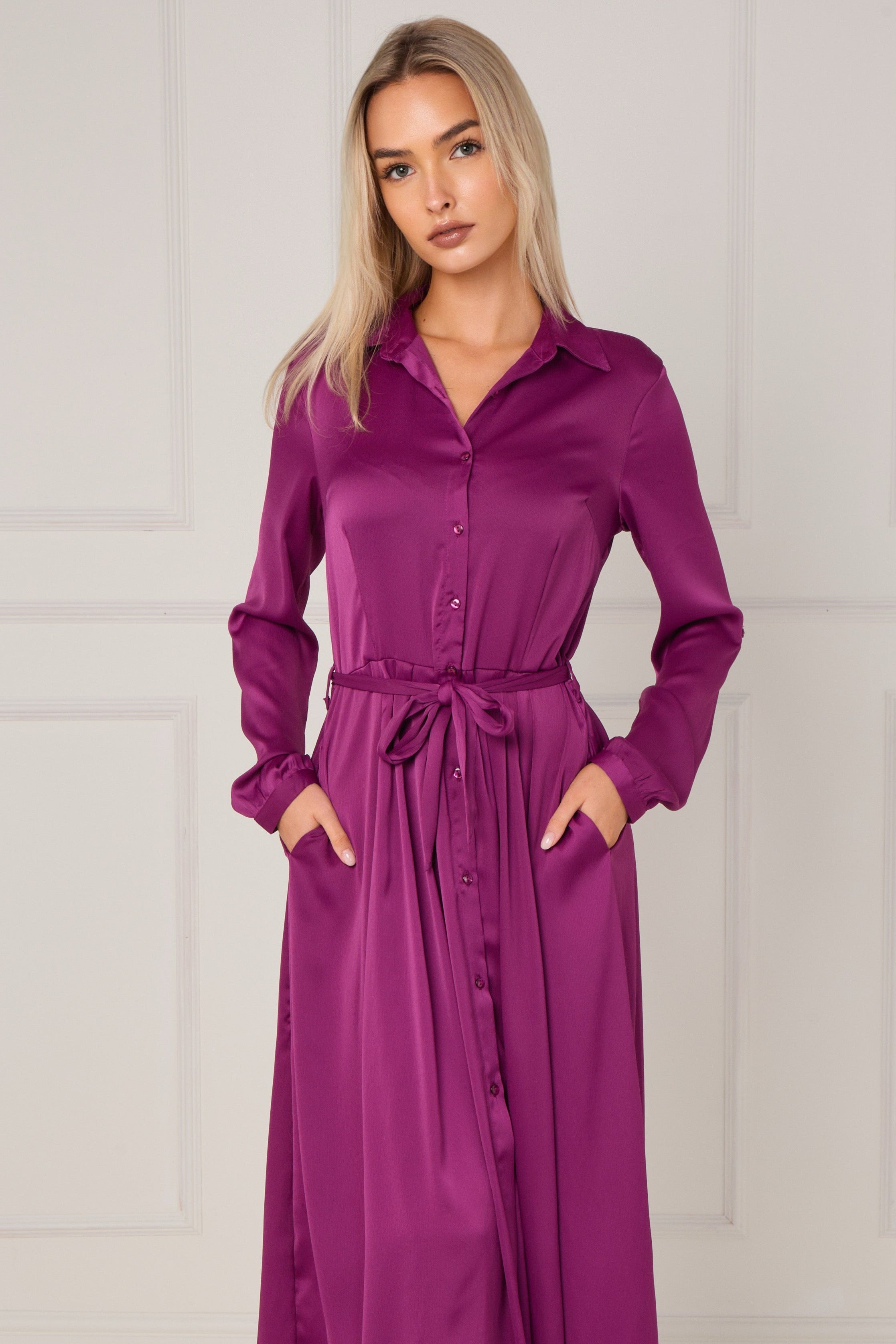 Magenta Layered Satin Long Sleeve Maxi Shirt Dress LS-2037-8078-61